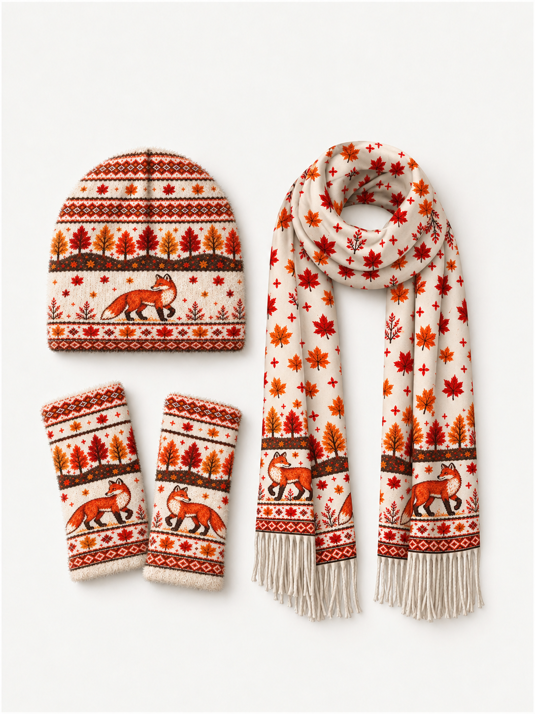 Autumn Forest Fox Beanie Scarf & Fingerless Gloves Set