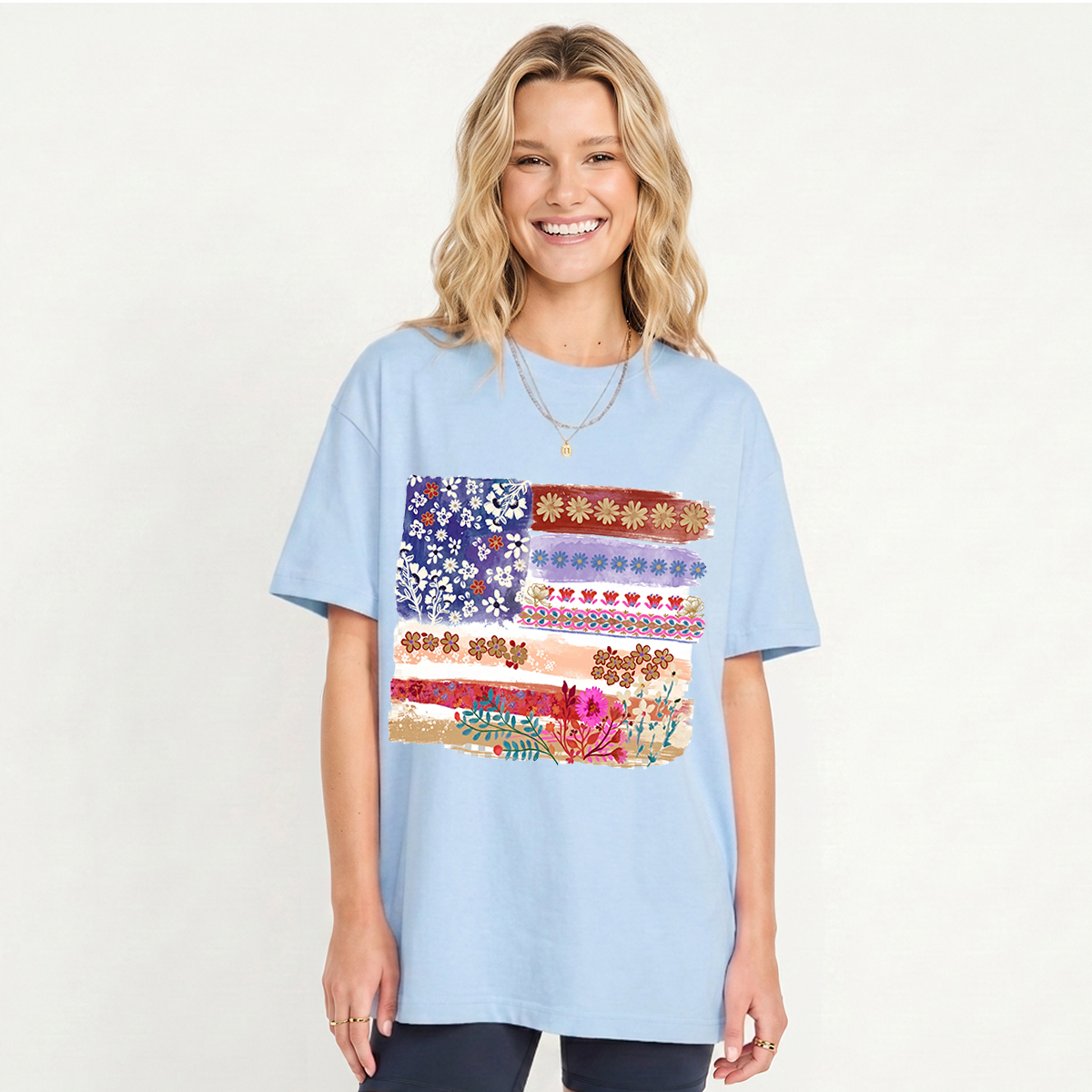 Flower Flag Print Crew Neck Cotton Tee