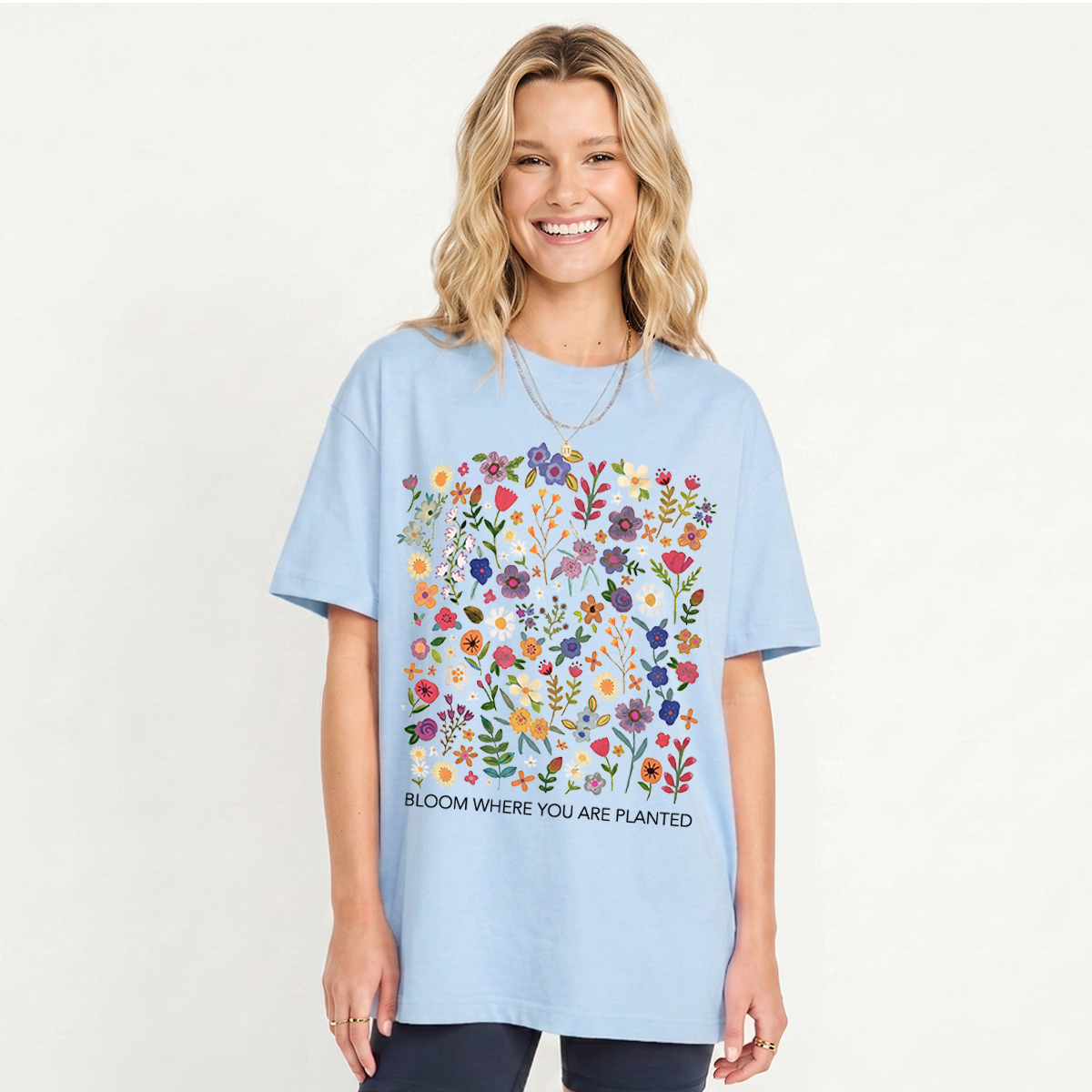 Bloom Where You Are Planted Print Crew Neck Cotton Tee