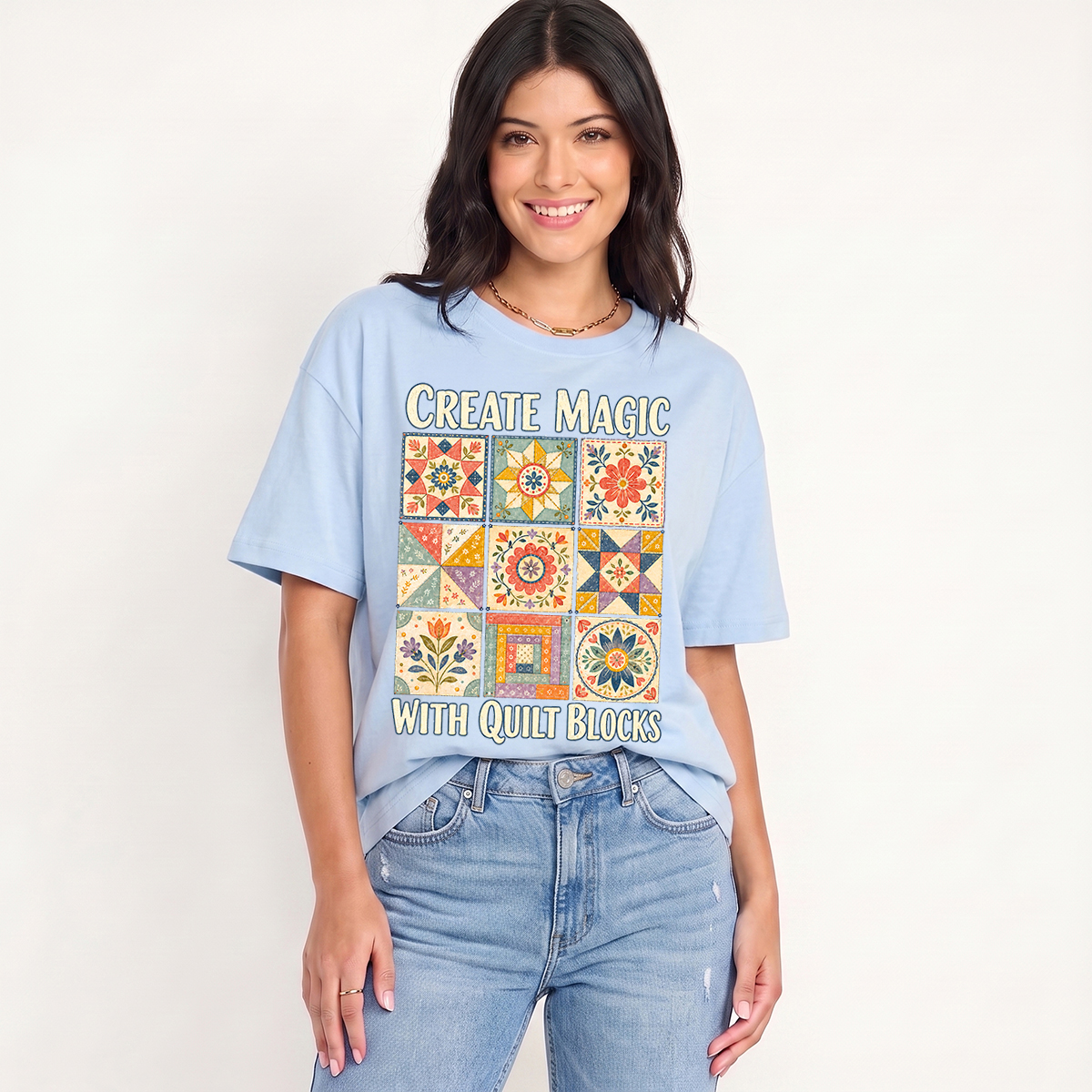 Magic Quilt Blocks Print Crew Neck Cotton Tee