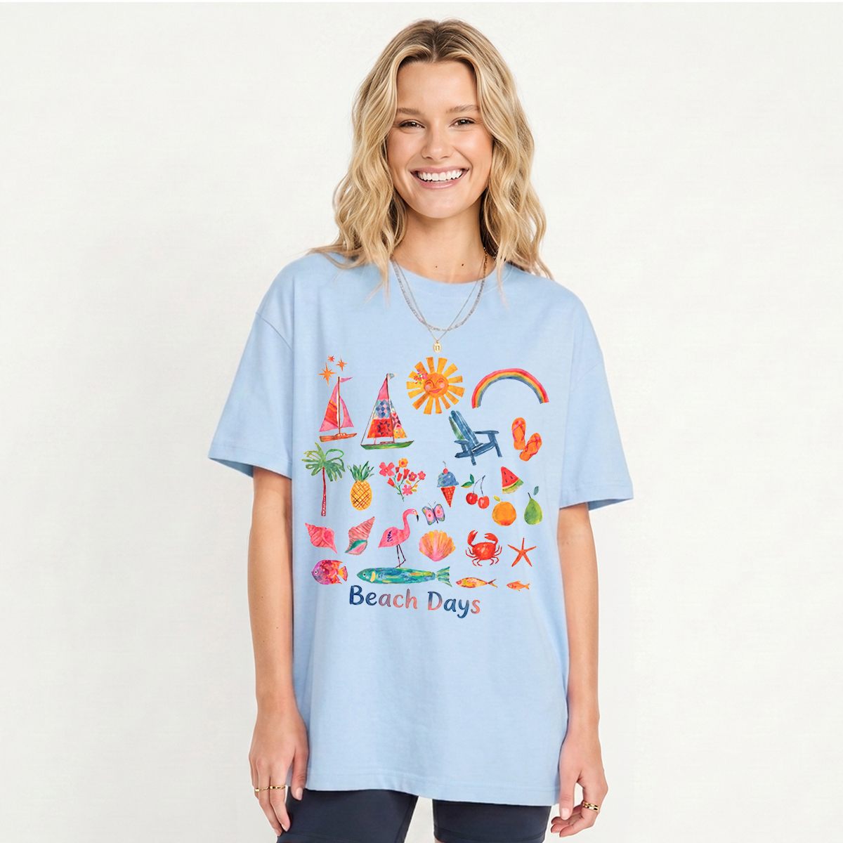 Beach Days Print Crew Neck Cotton Tee