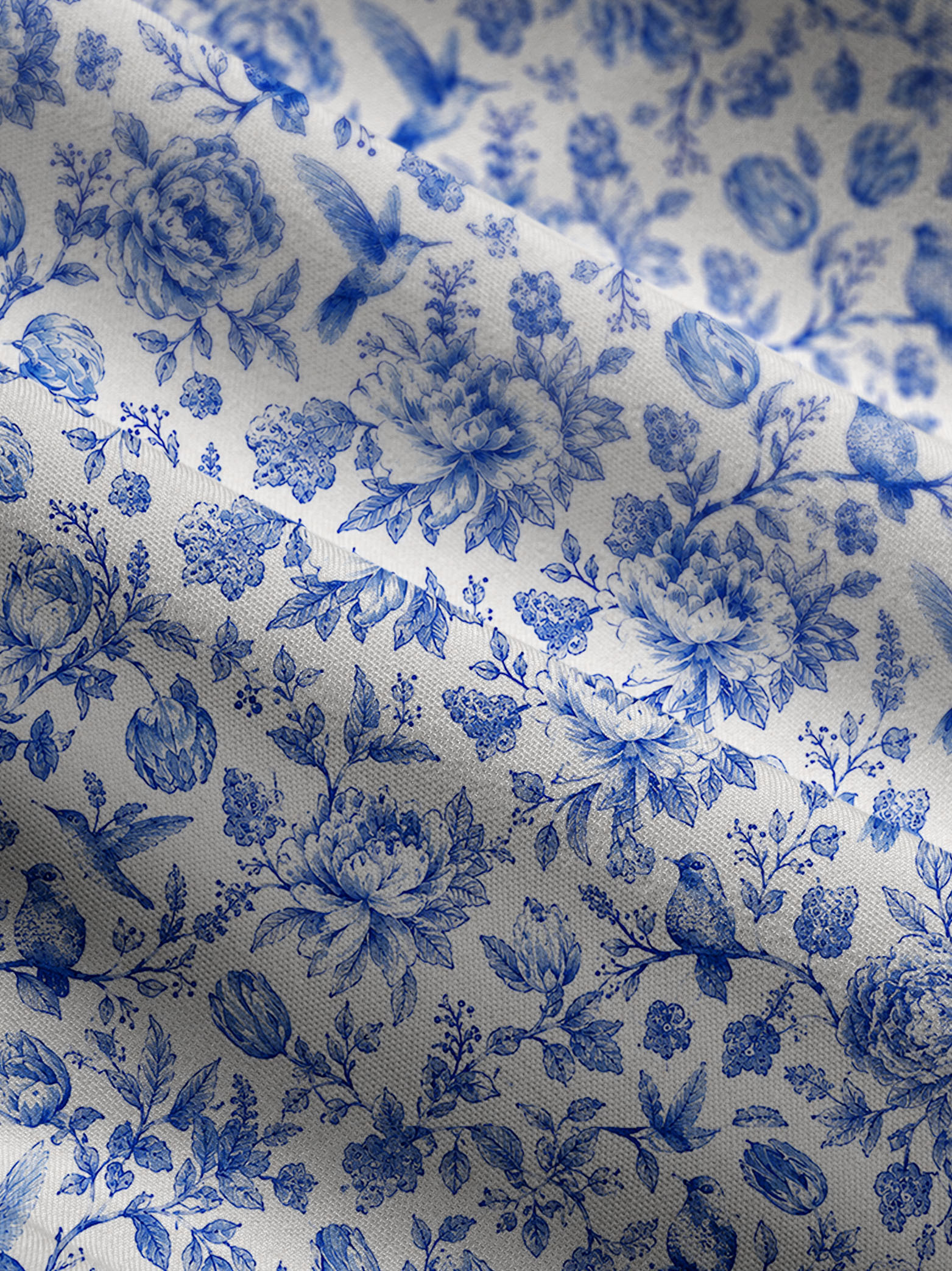 V Neck Collared Bluebird Blossom Toile Print Casual Midi Dress With Pockets