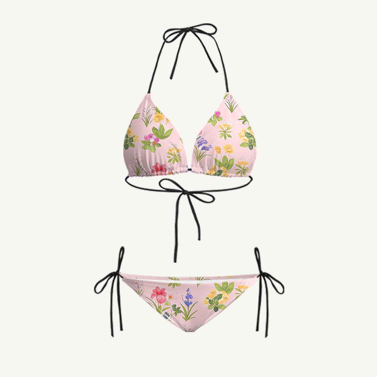 Delicate Blossom Tie Side Bikini Set with Matching Pants