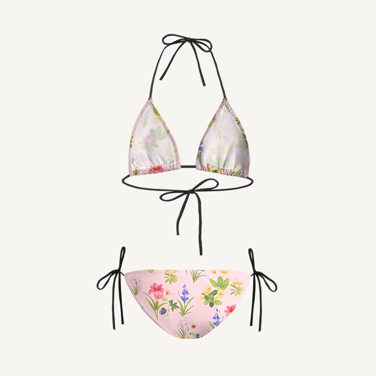 Delicate Blossom Tie Side Bikini Set with Matching Pants