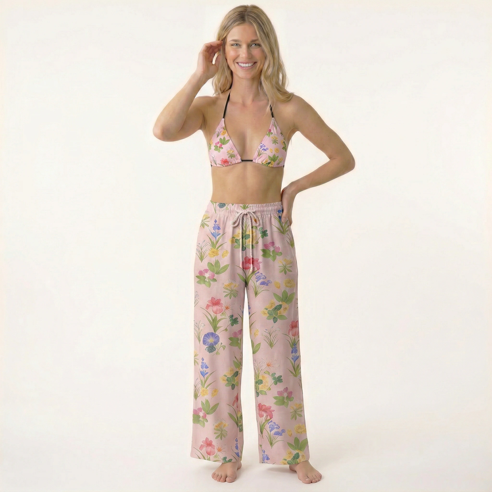 Delicate Blossom Tie Side Bikini Set with Matching Pants