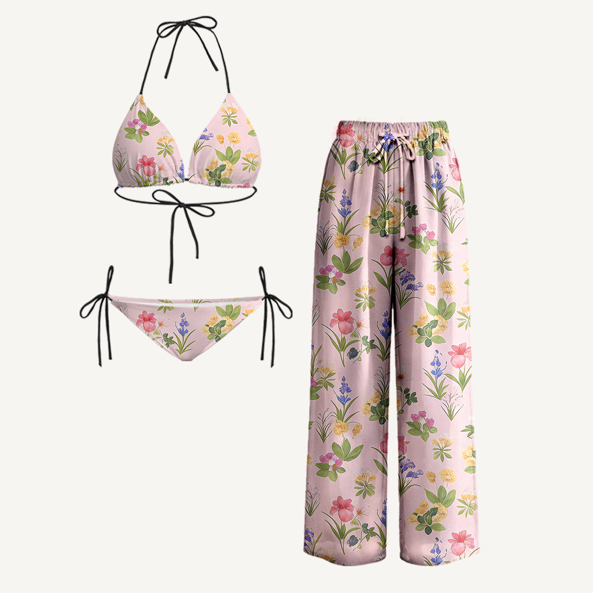 Delicate Blossom Tie Side Bikini Set with Matching Pants