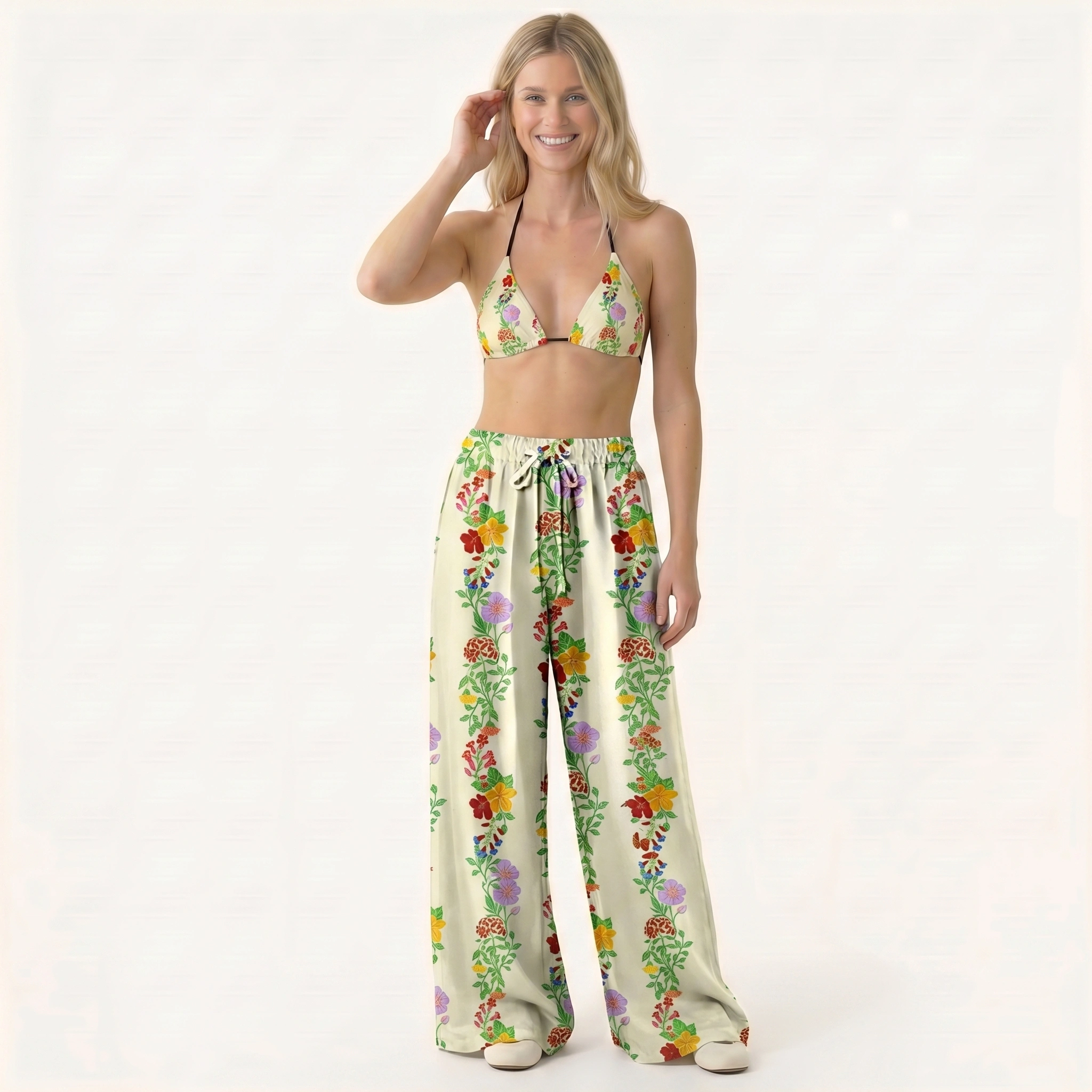 Blossom Trail Tie Side Bikini Set with Matching Pants