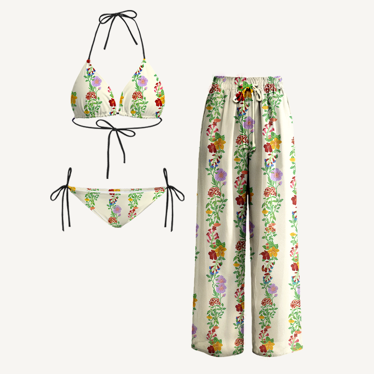 Blossom Trail Tie Side Bikini Set with Matching Pants