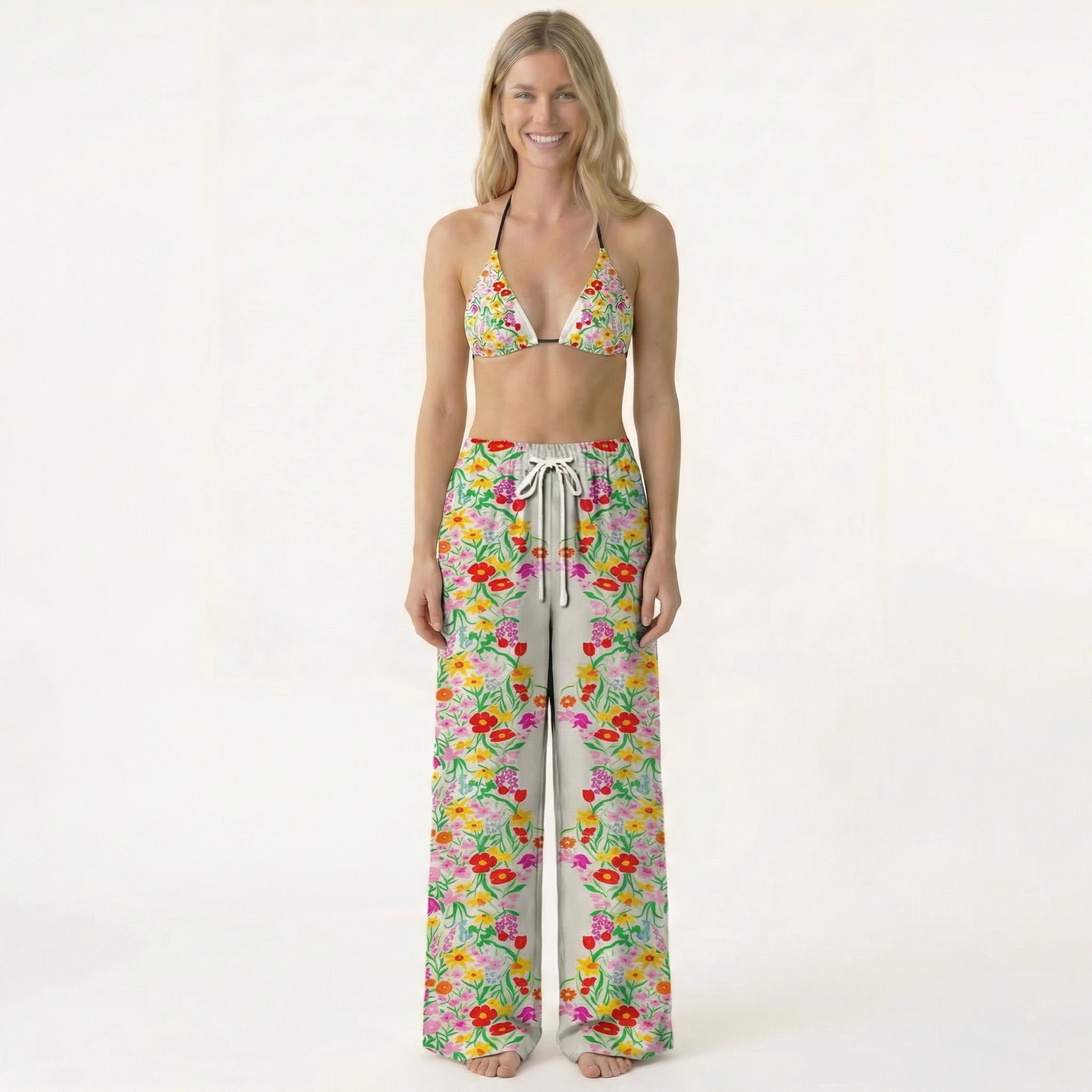 Elegant Garden Tie Side Bikini Set with Matching Pants