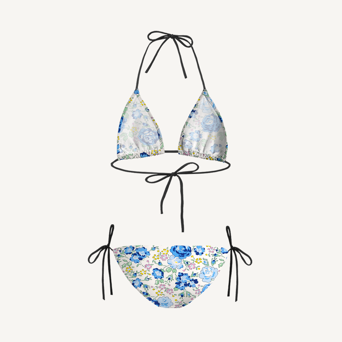 Blue Rose Floral Tie Side Bikini Set with Matching Pants