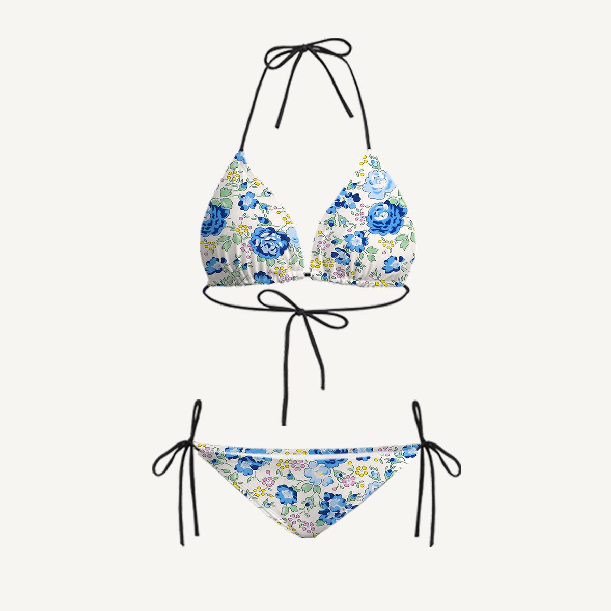 Blue Rose Floral Tie Side Bikini Set with Matching Pants