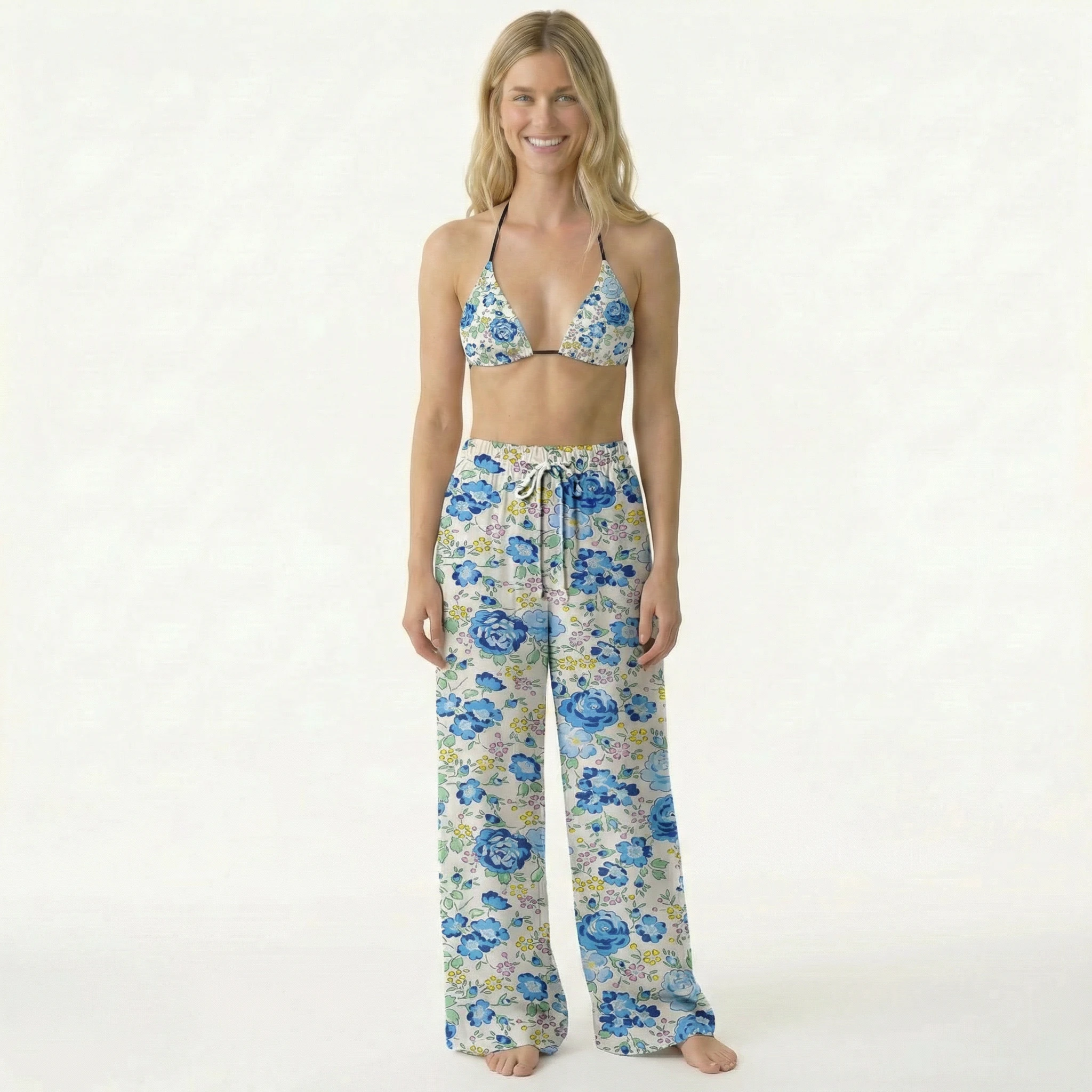 Blue Rose Floral Tie Side Bikini Set with Matching Pants