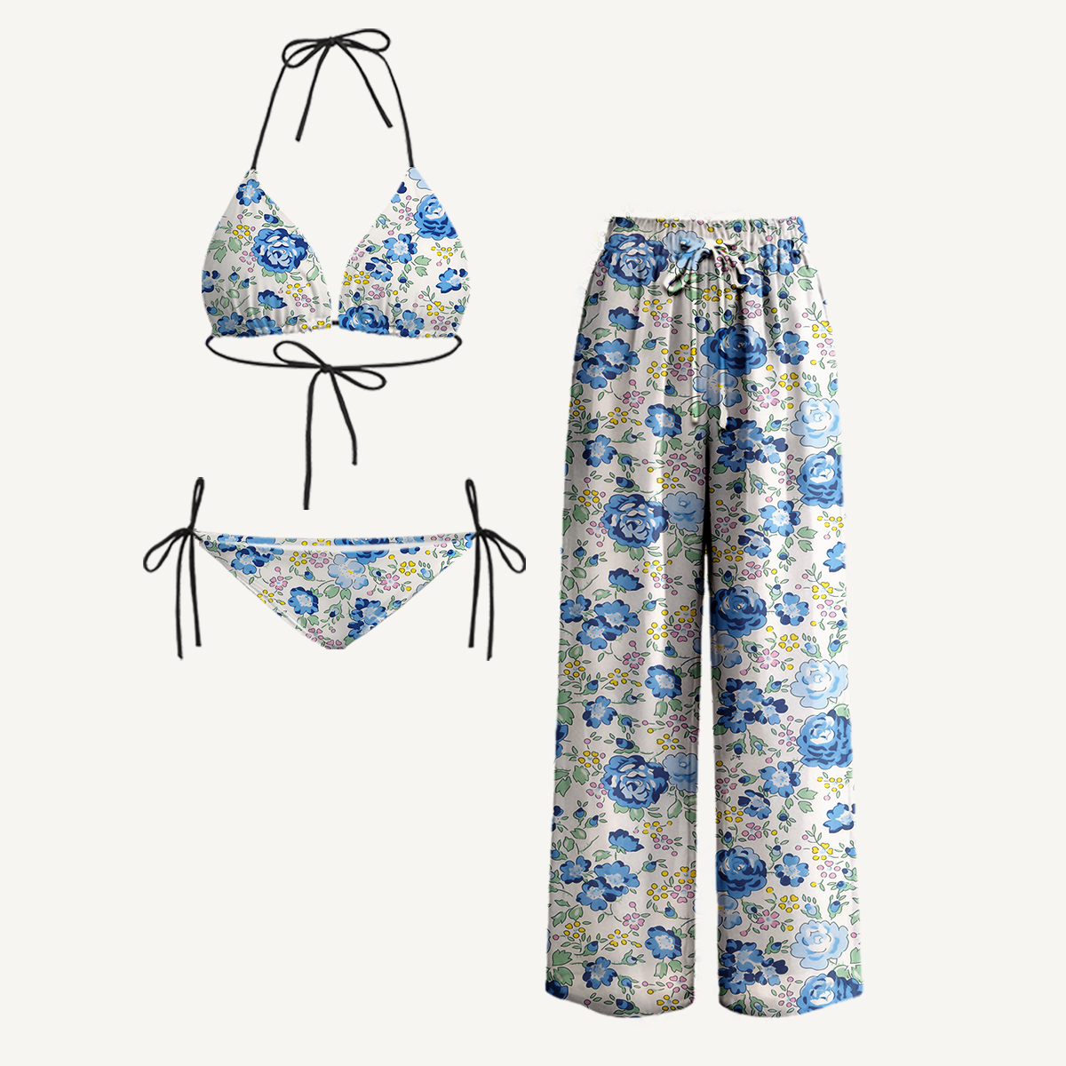 Blue Rose Floral Tie Side Bikini Set with Matching Pants