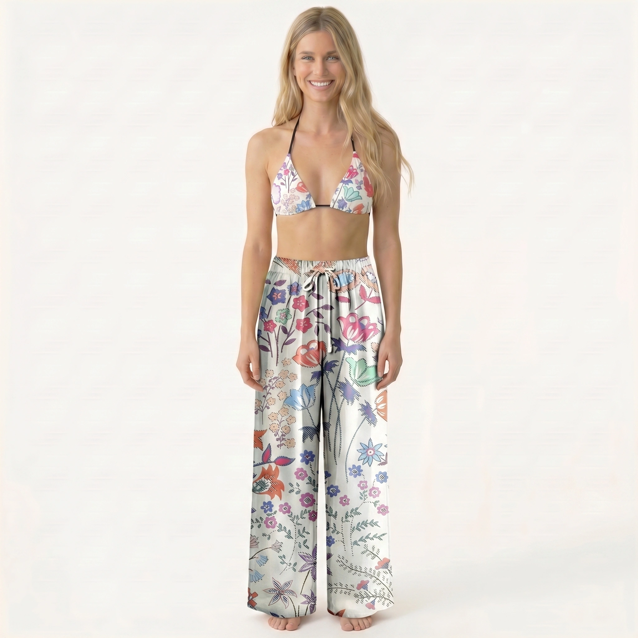 Bohemian Wildflower Garden Tie Side Bikini Set with Matching Pants