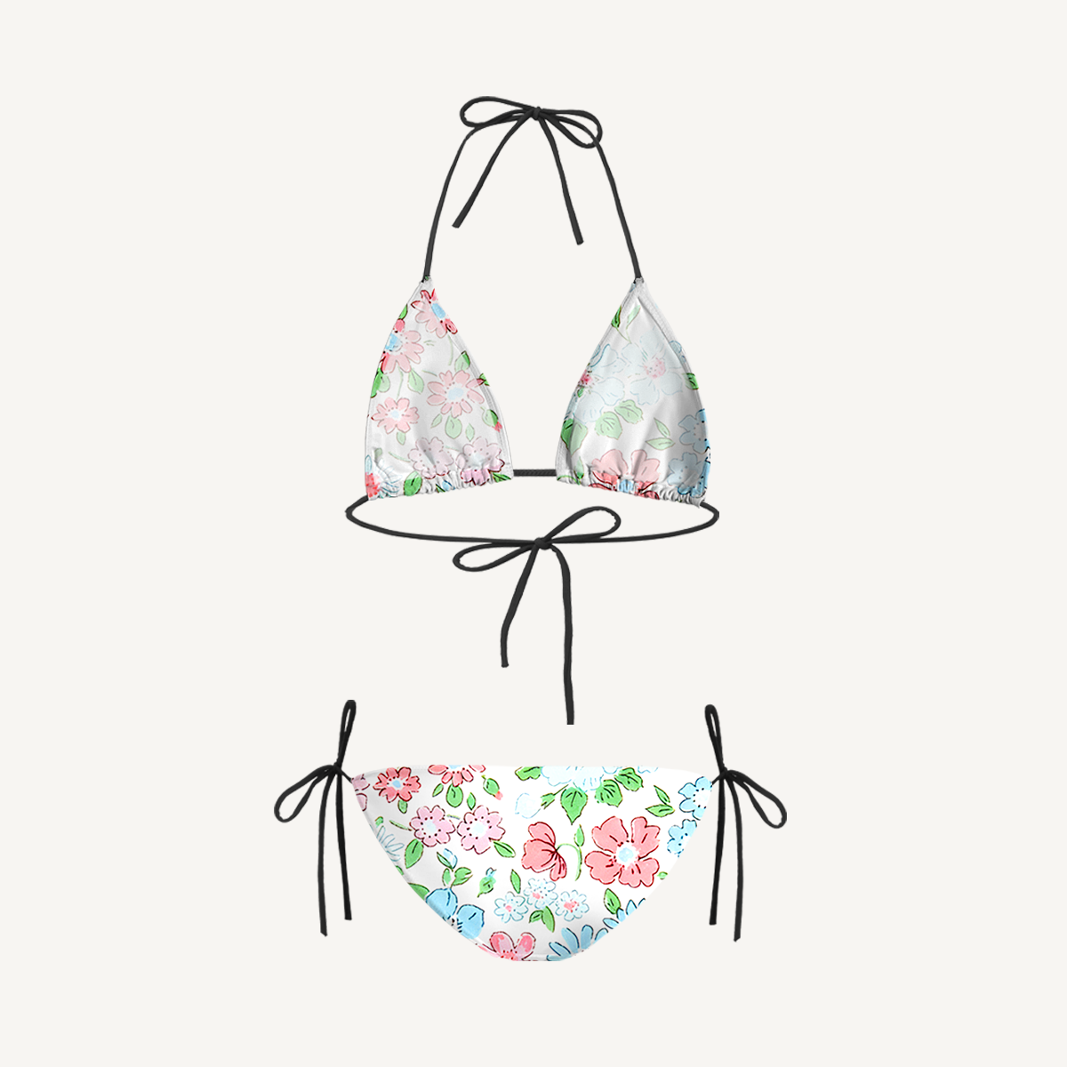 Pastel Cottage Floral Tie Side Bikini Set with Matching Pants