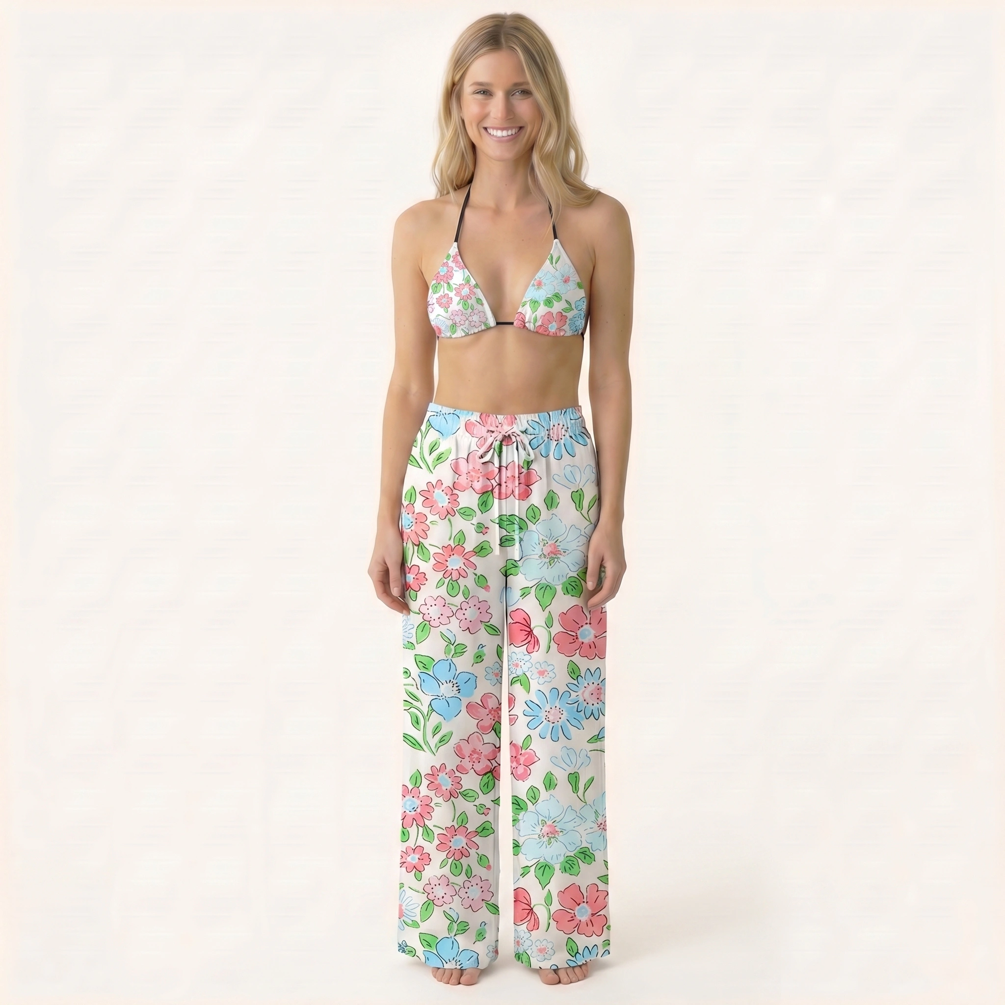 Pastel Cottage Floral Tie Side Bikini Set with Matching Pants