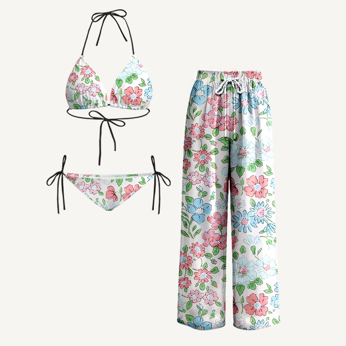 Pastel Cottage Floral Tie Side Bikini Set with Matching Pants