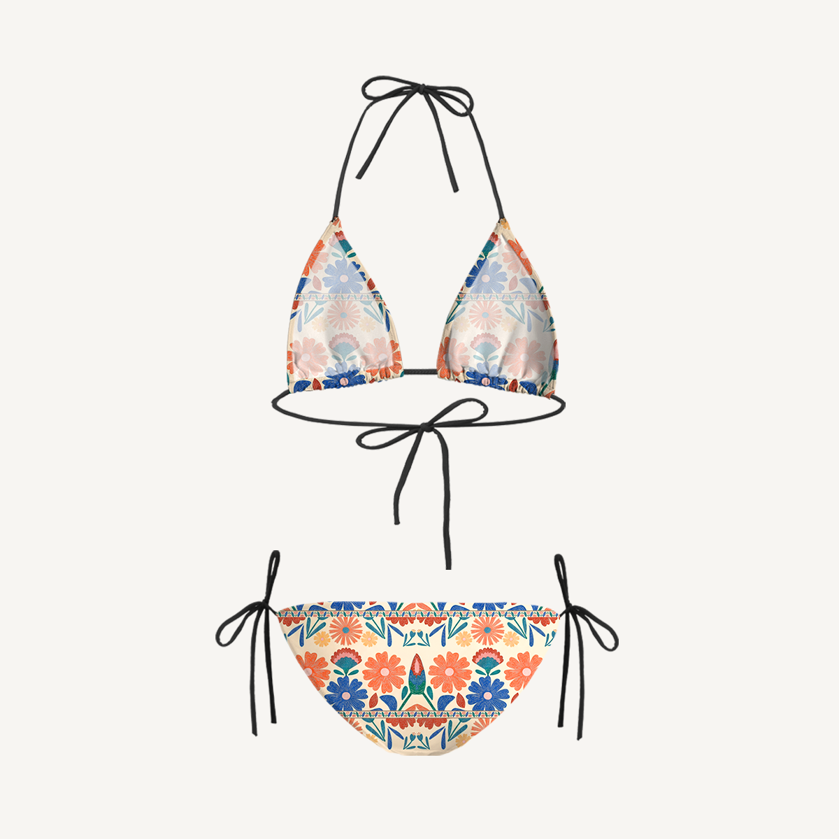 Bohemian Folk Floral Stripe Tie Side Bikini Set with Matching Pants
