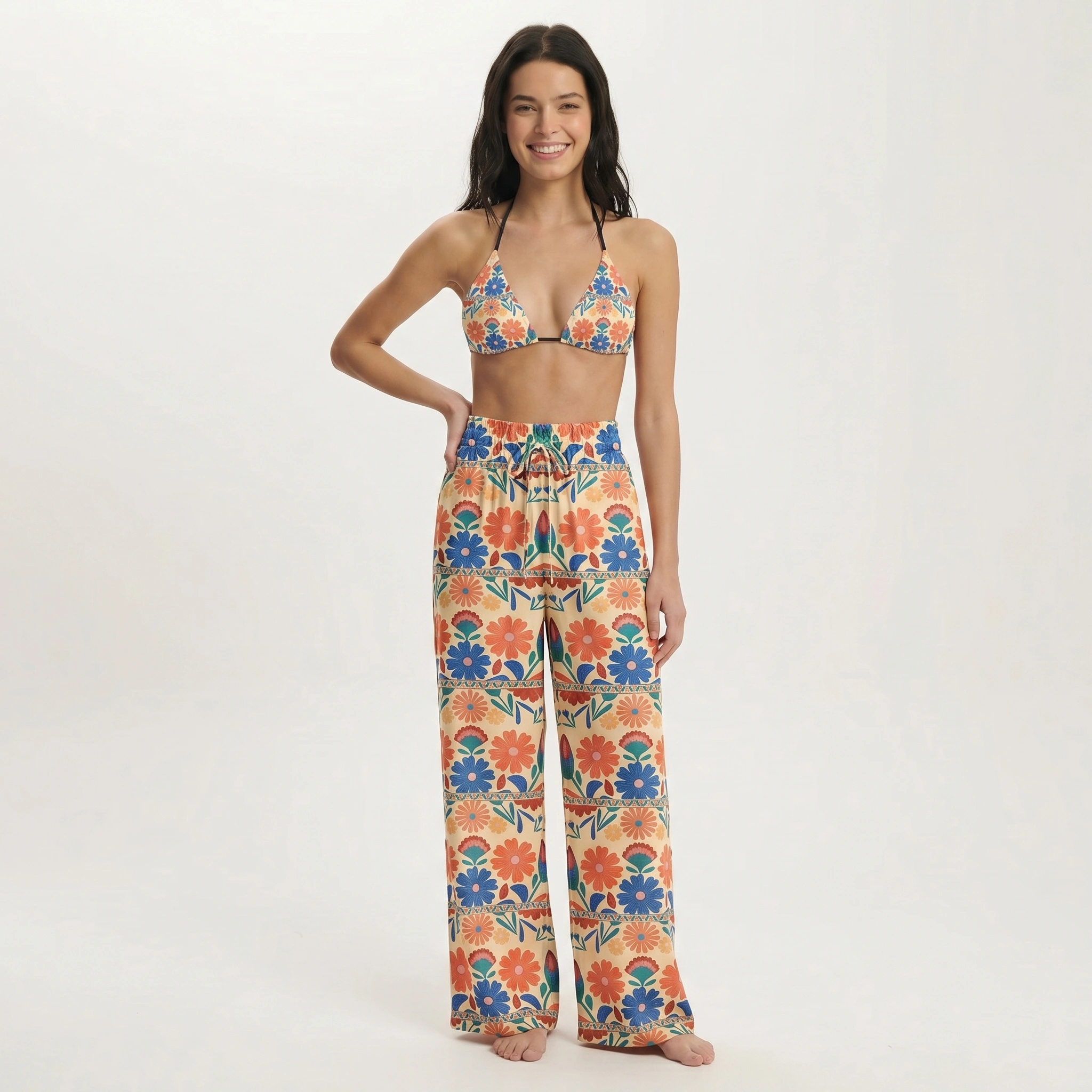 Bohemian Folk Floral Stripe Tie Side Bikini Set with Matching Pants