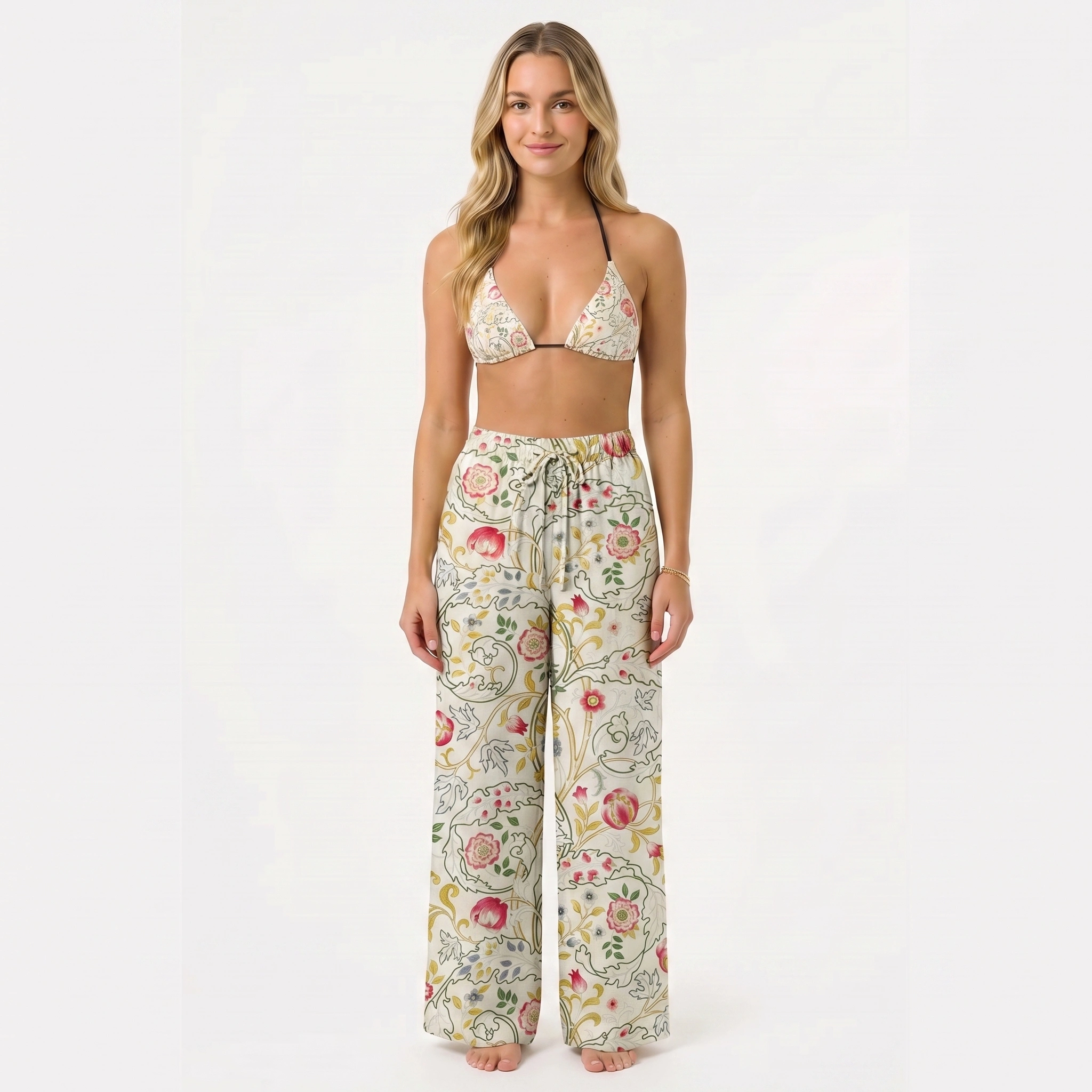 Peony Vine Garden Tie Side Bikini Set with Matching Pants
