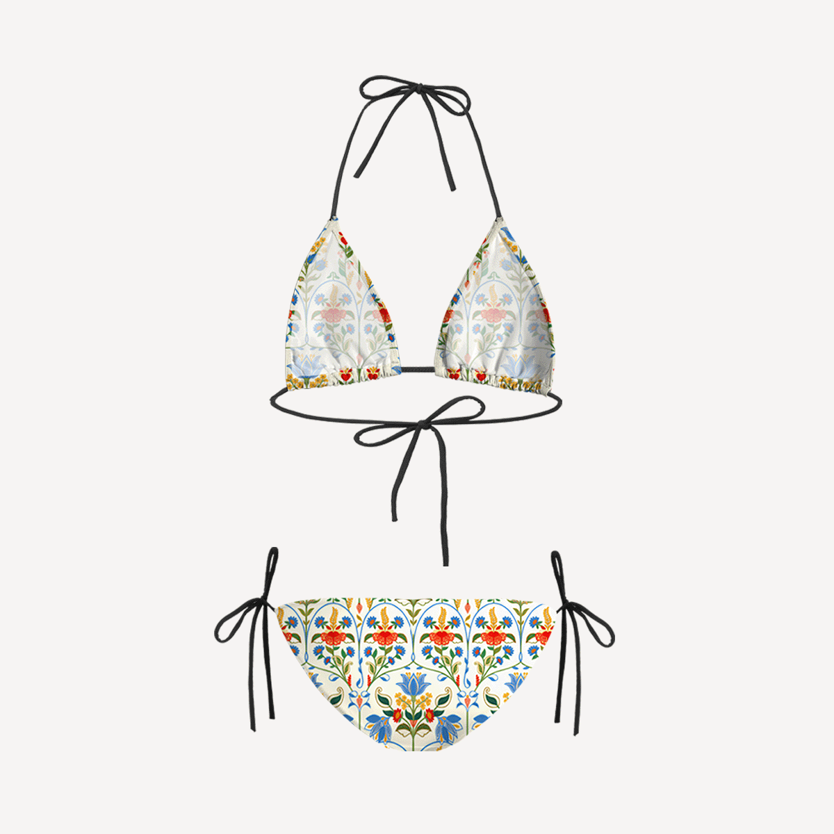 Folk Bloom Tie Side Bikini Set with Matching Pants