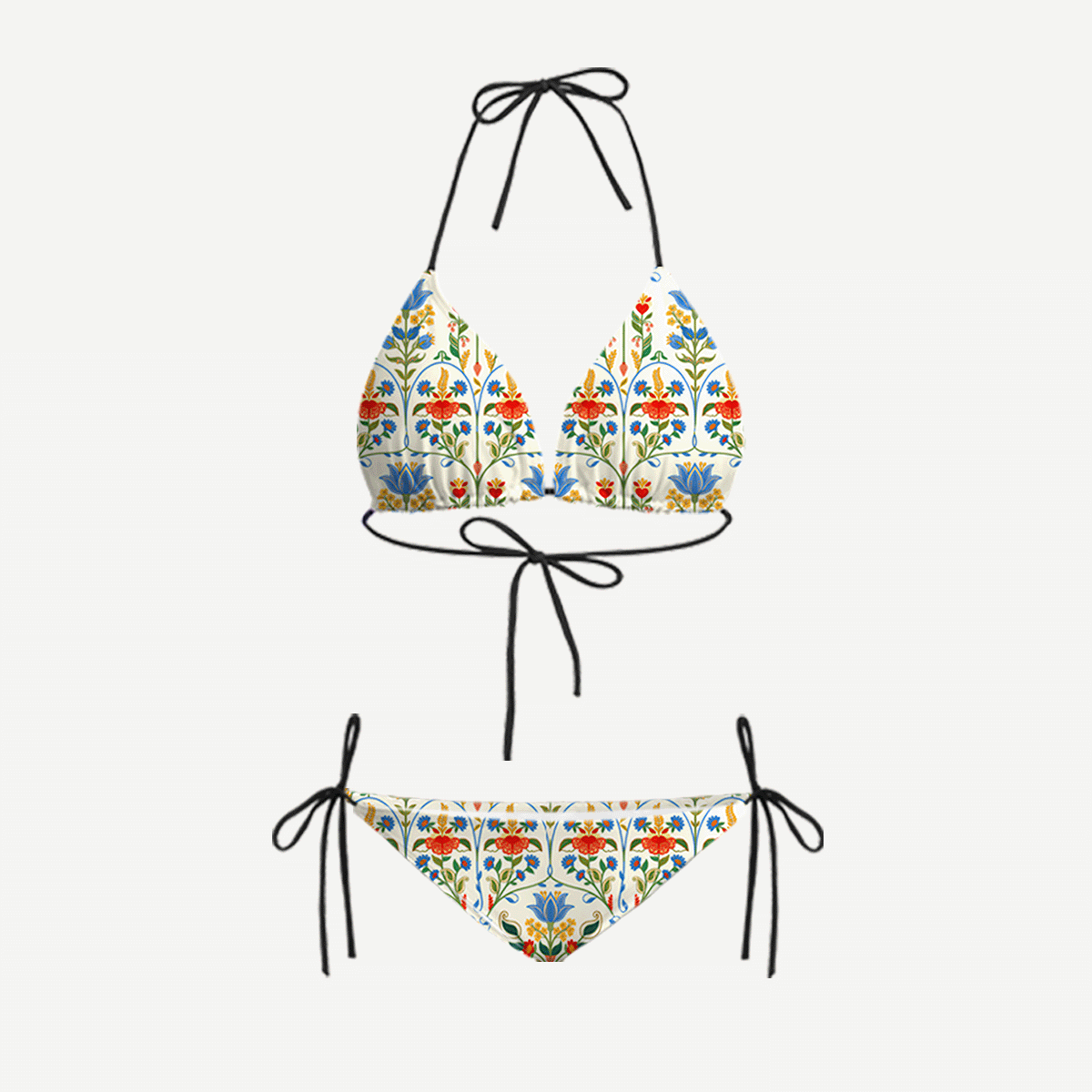 Folk Bloom Tie Side Bikini Set with Matching Pants
