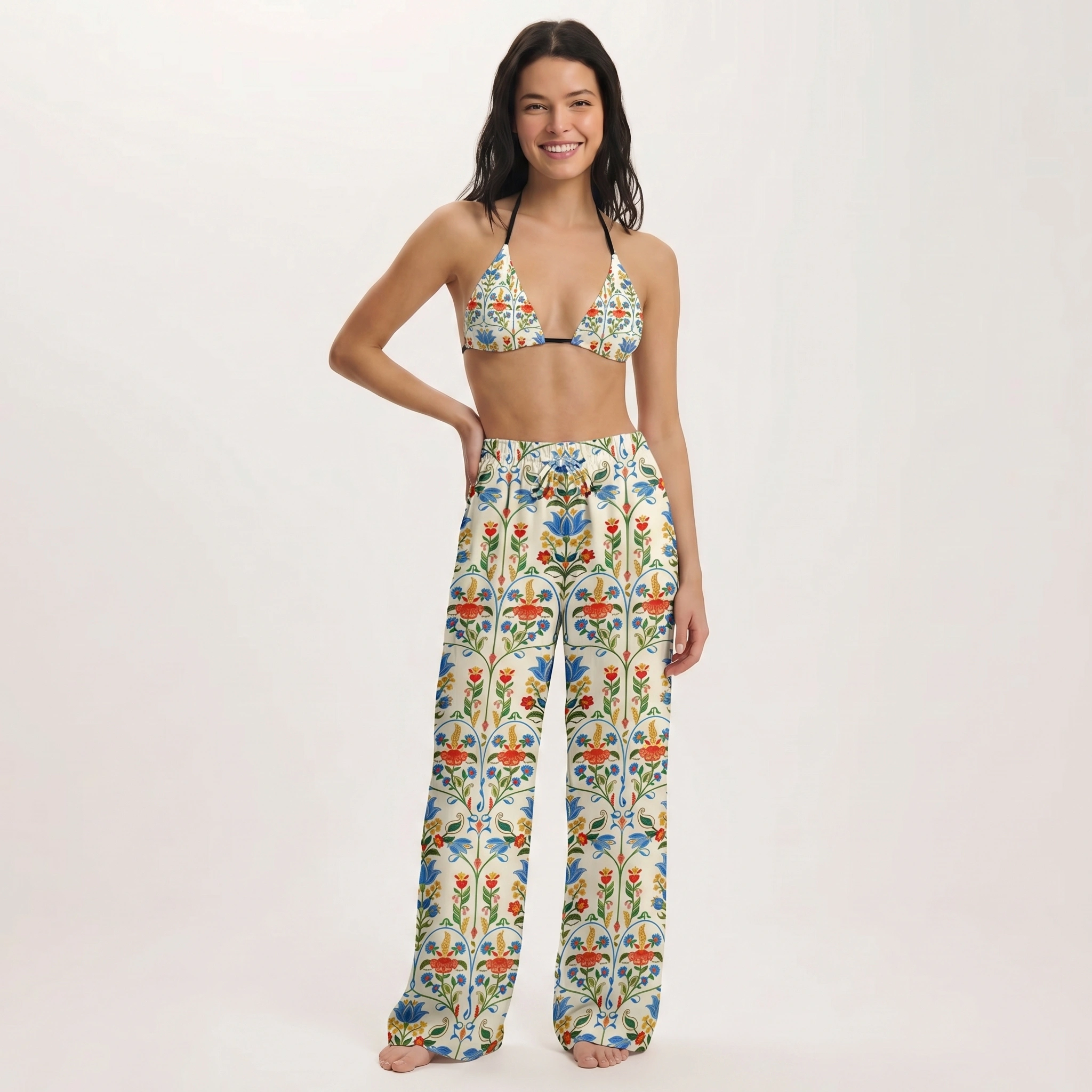 Folk Bloom Tie Side Bikini Set with Matching Pants