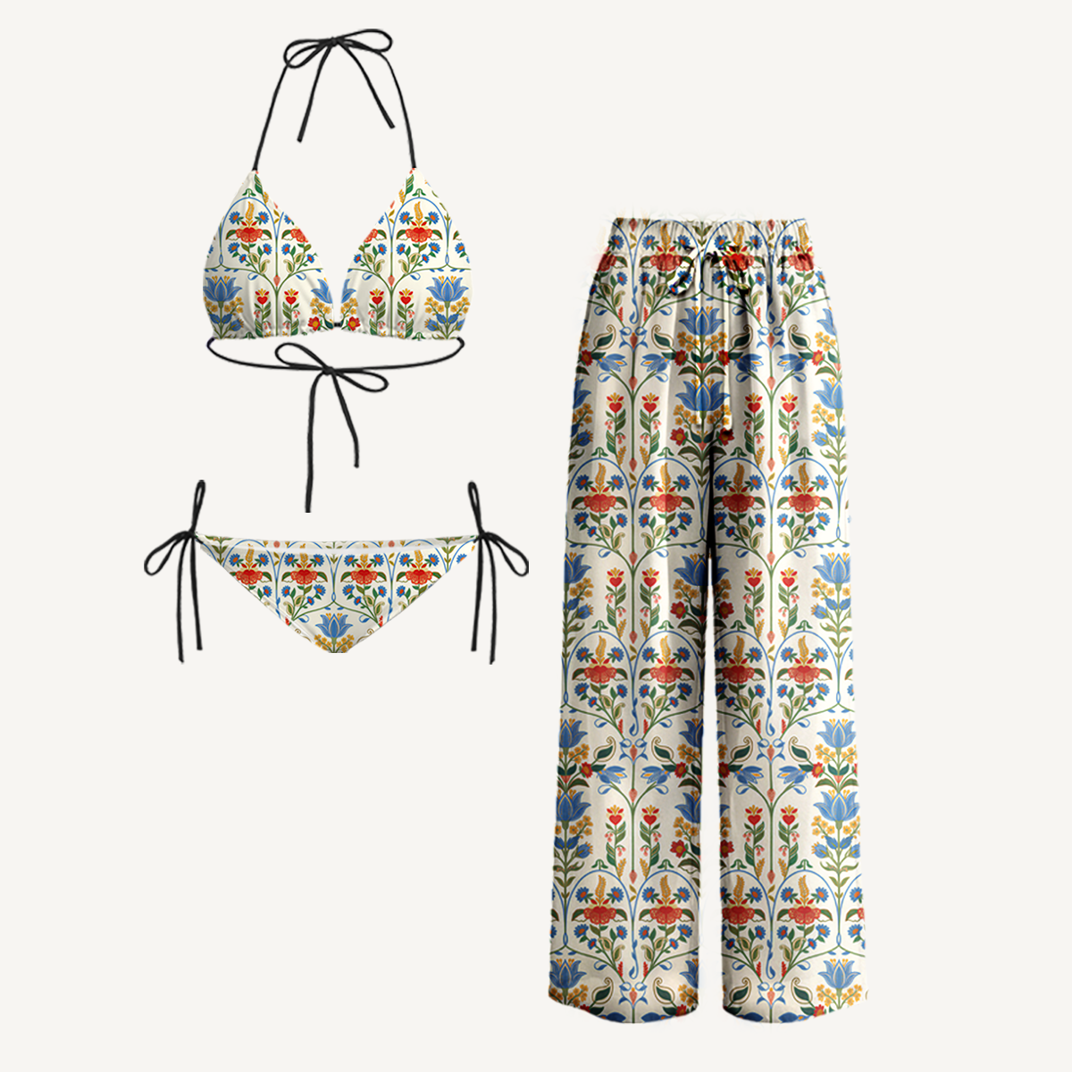 Folk Bloom Tie Side Bikini Set with Matching Pants