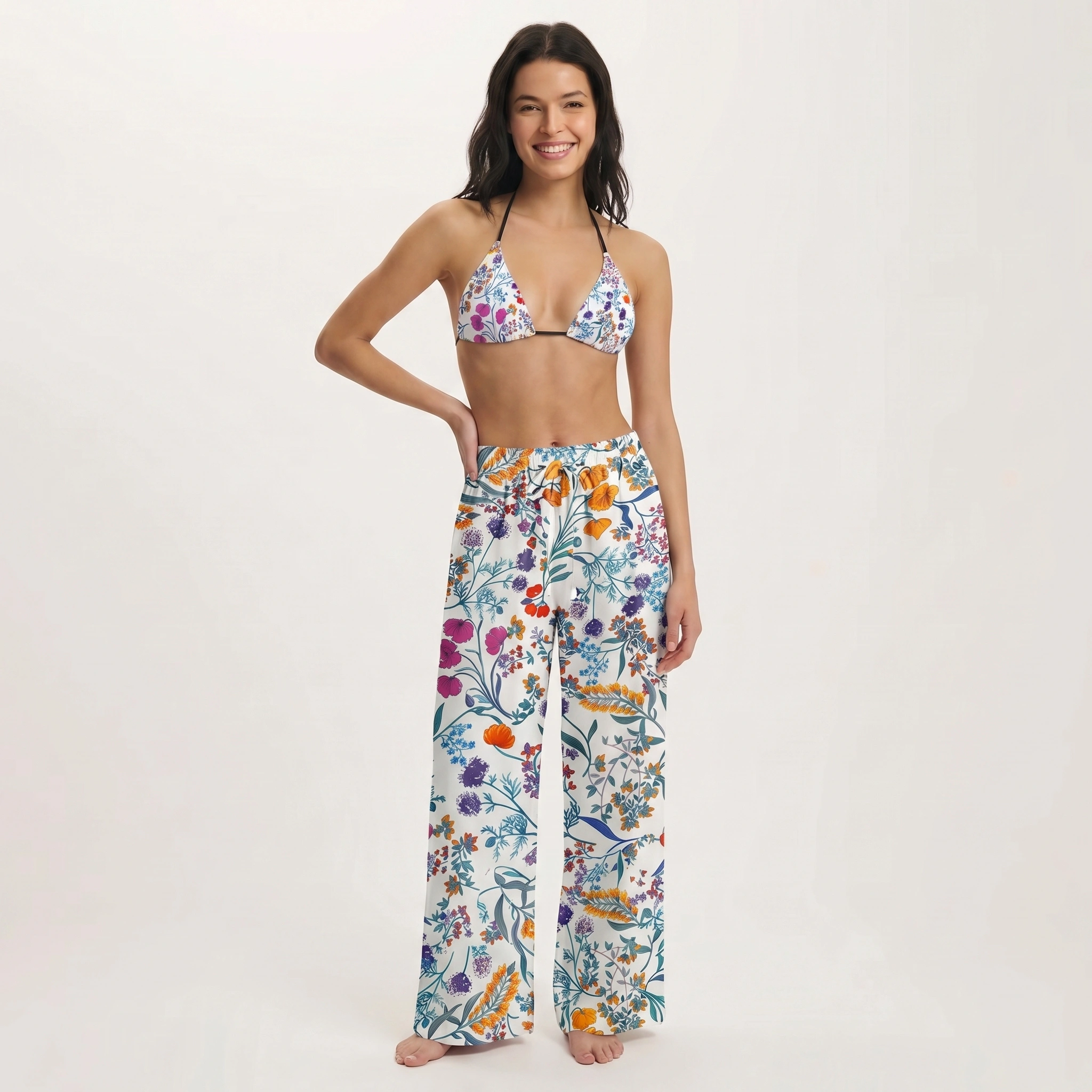 Fiery Meadow Tie Side Bikini Set with Matching Pants