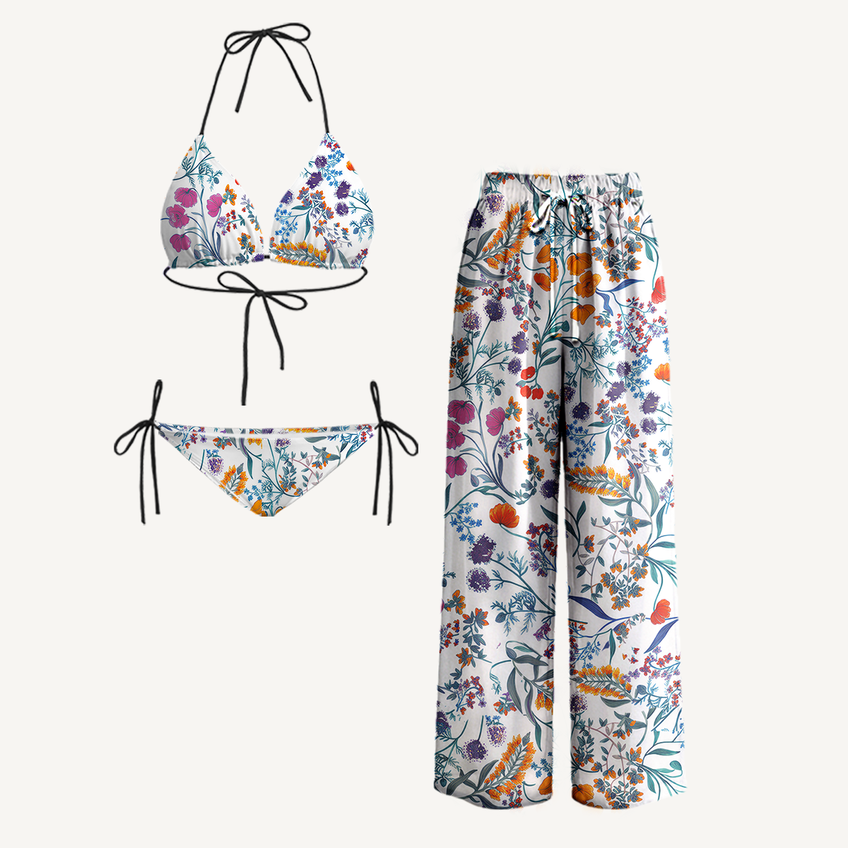 Fiery Meadow Tie Side Bikini Set with Matching Pants