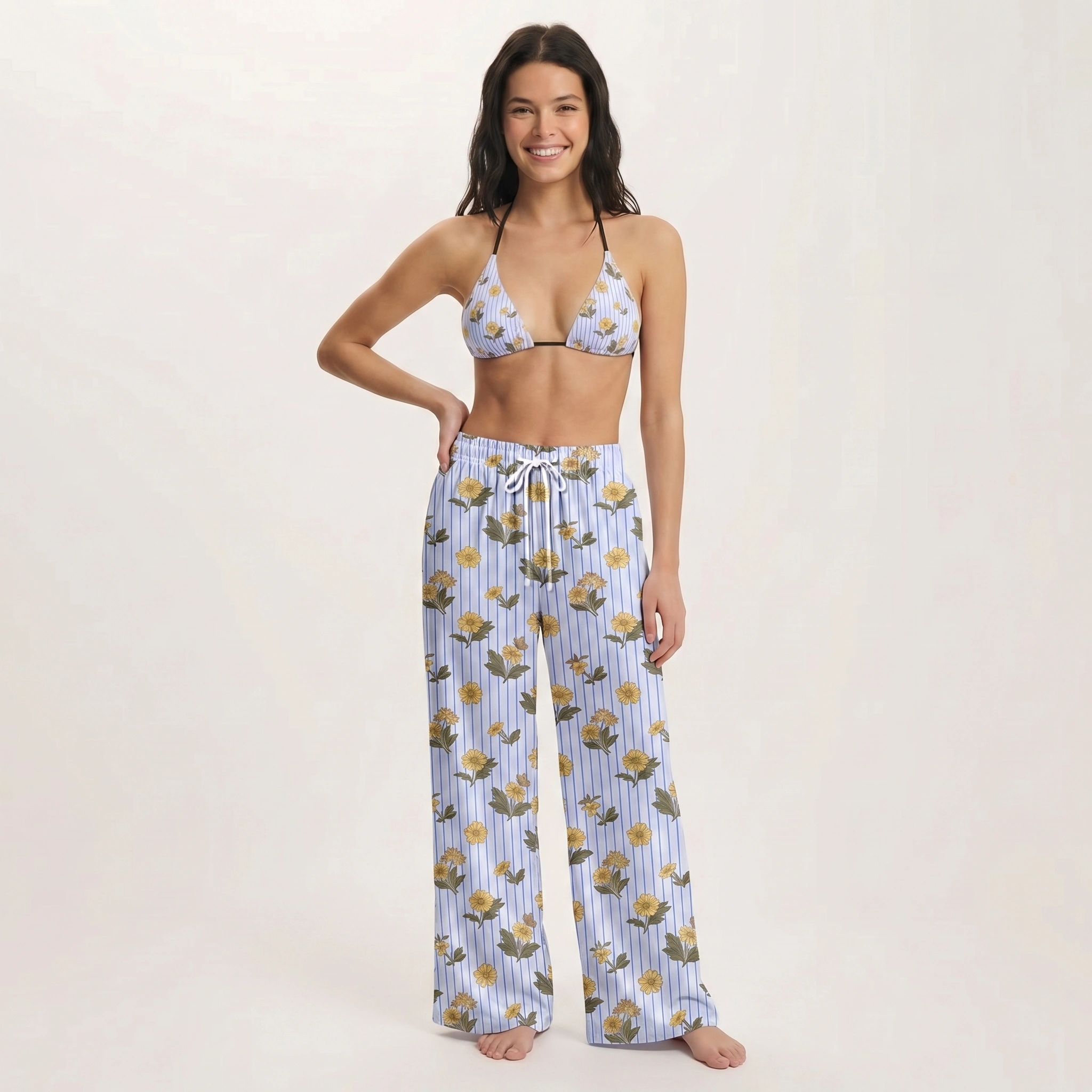Blue  Marigold Tie Side Bikini Set with Matching Pants