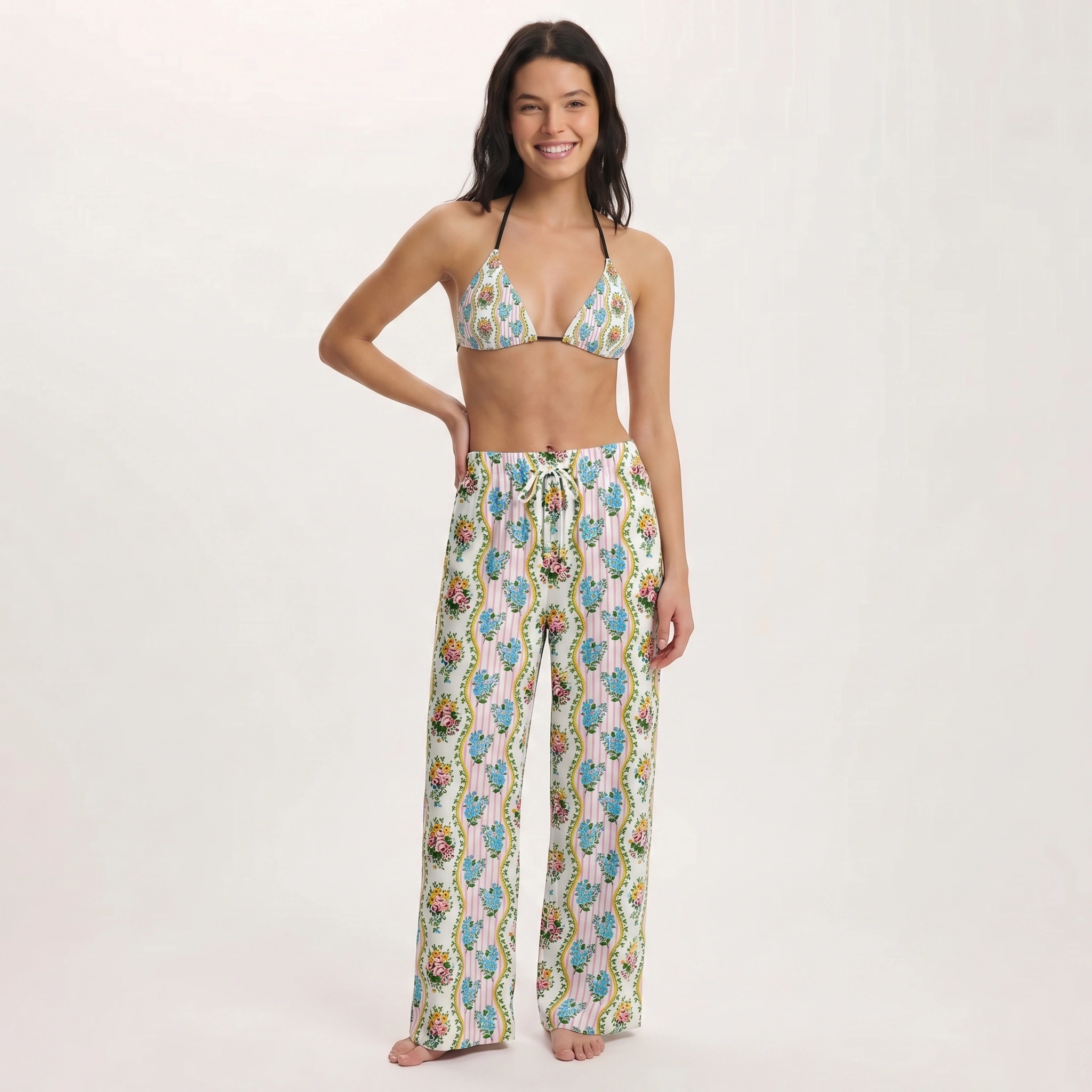 Vintage Bouquet Rose Tie Side Bikini Set with Matching Pants