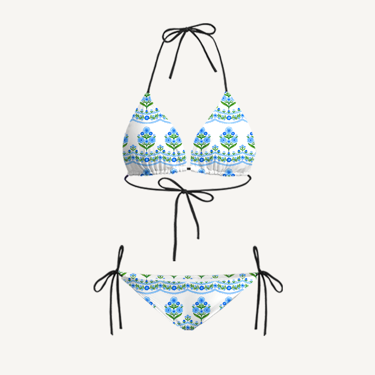 Azure Folk Tie Side Bikini Set with Matching Pants