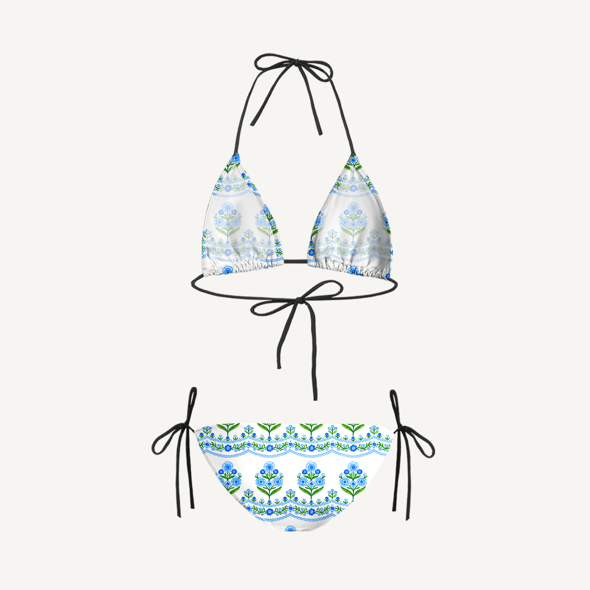 Azure Folk Tie Side Bikini Set with Matching Pants