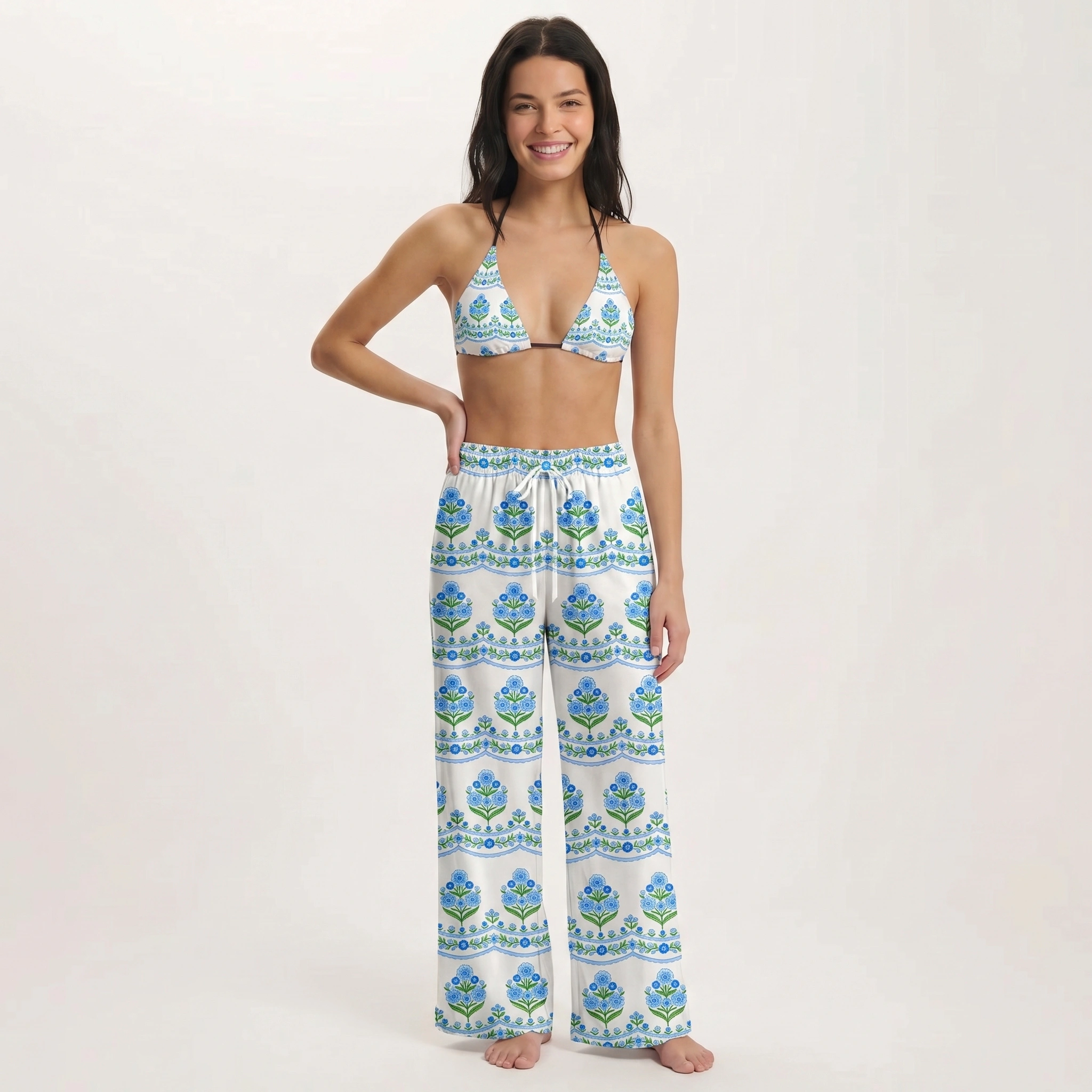 Azure Folk Tie Side Bikini Set with Matching Pants