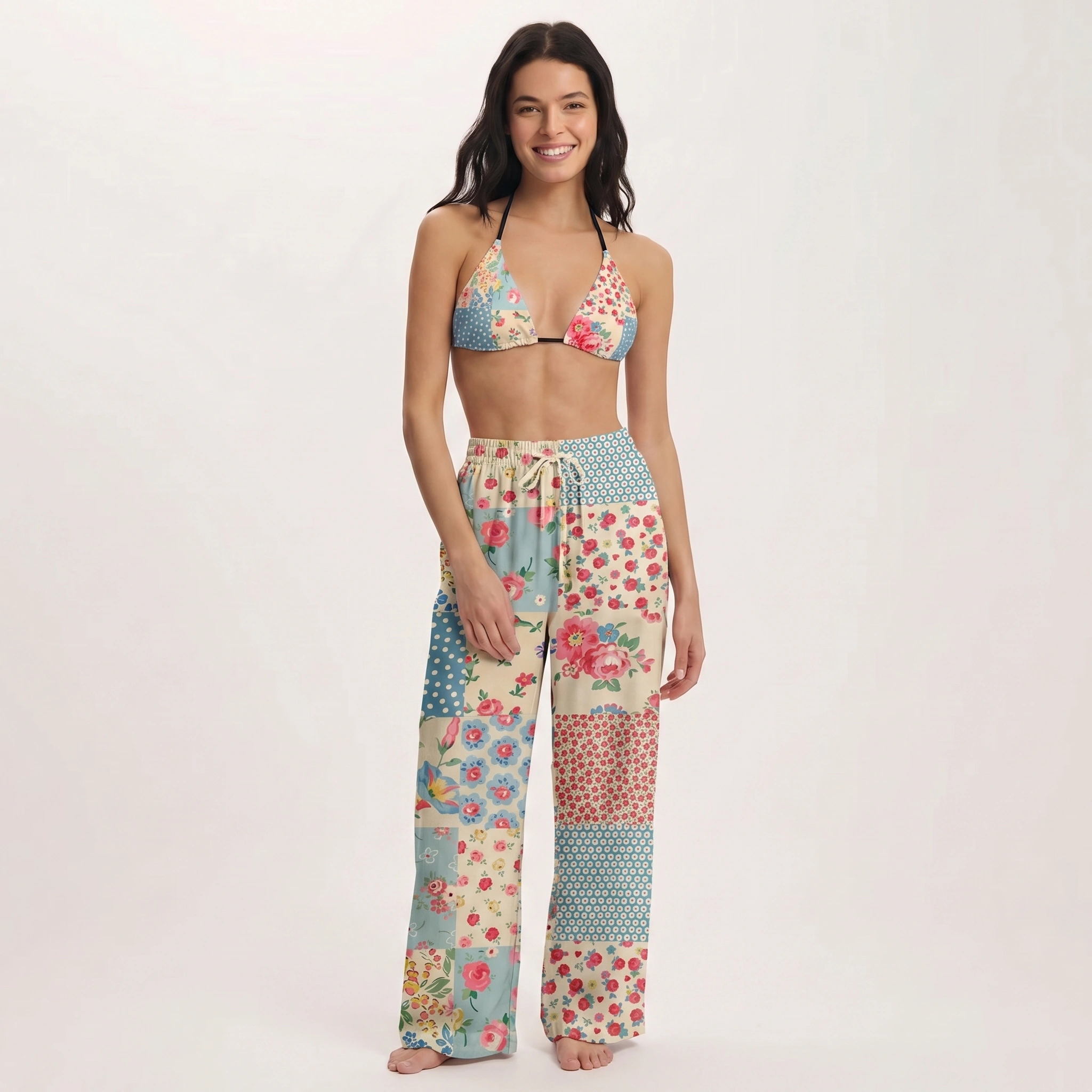 Pastel Patc Tie Side Bikini Set with Matching Pants