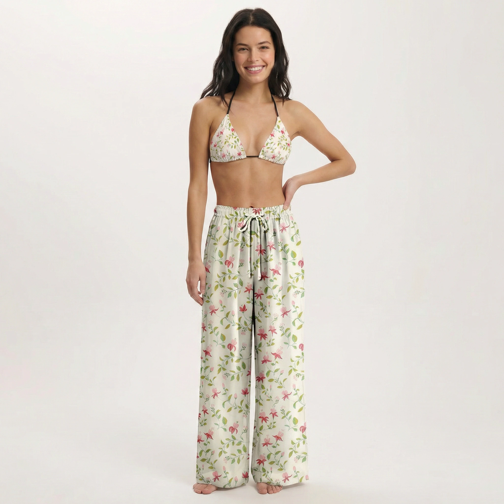 Ruby Vine Tie Side Bikini Set with Matching Pants