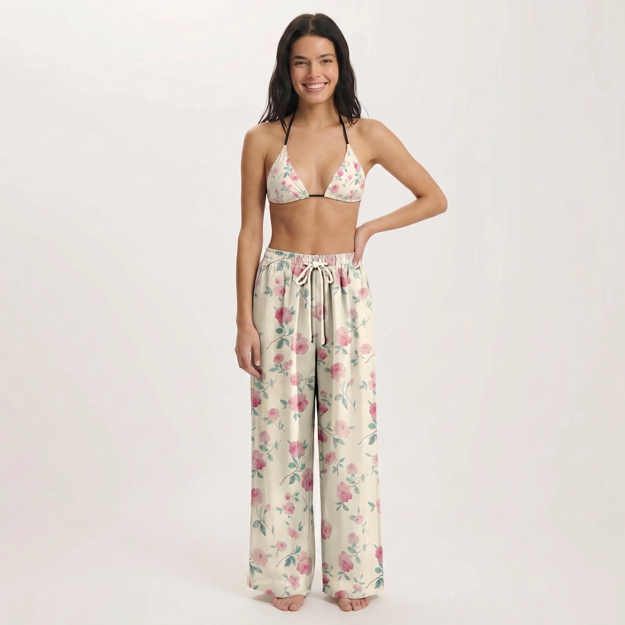 Blush Rose Tie Side Bikini Set with Matching Pants