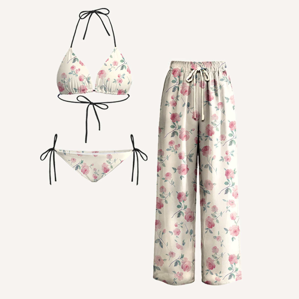 Blush Rose Tie Side Bikini Set with Matching Pants