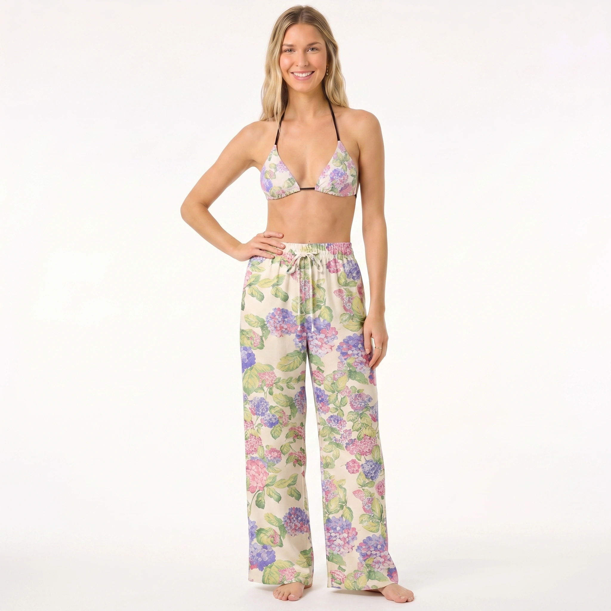 Lilac Hydrangea Tie Side Bikini Set with Matching Pants