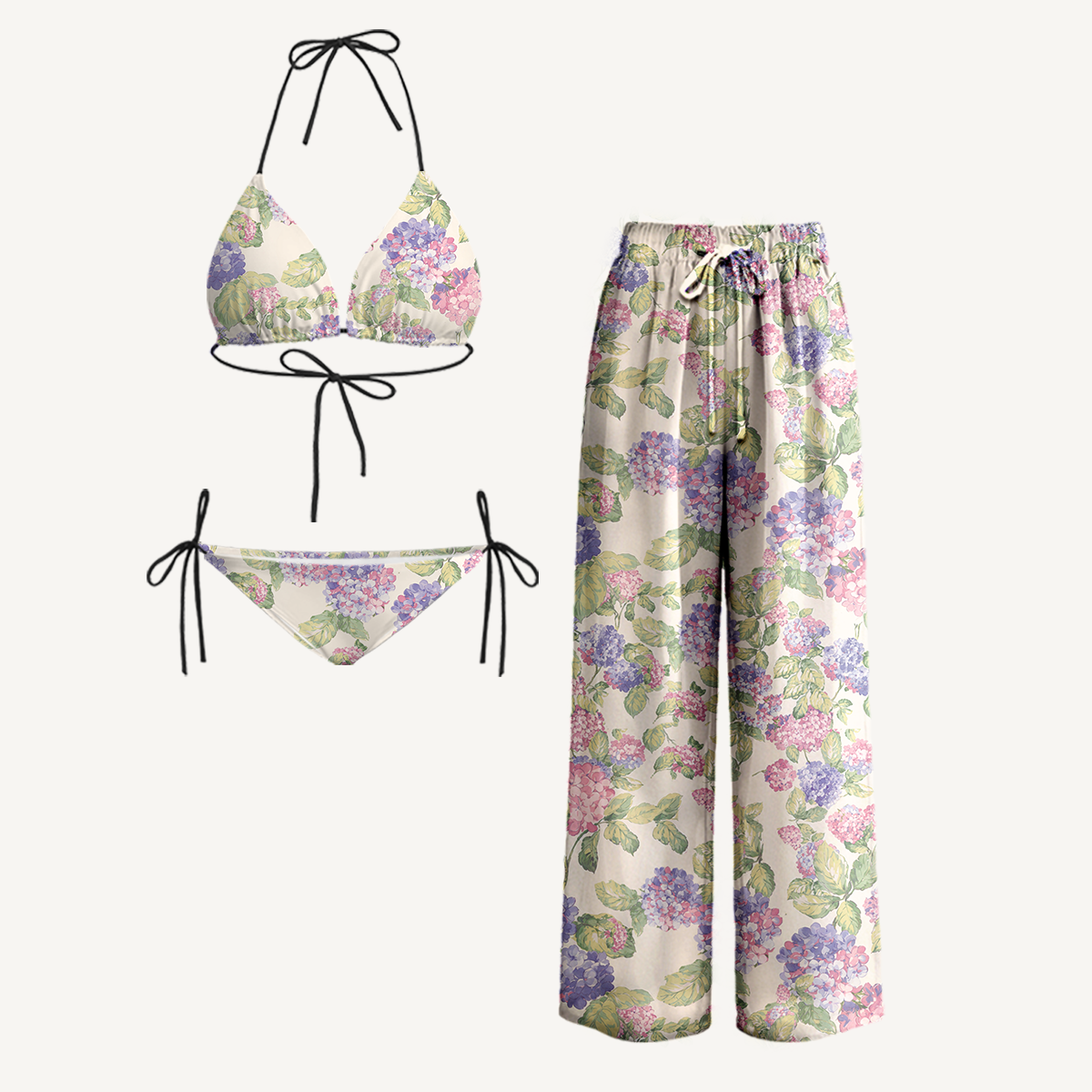 Lilac Hydrangea Tie Side Bikini Set with Matching Pants
