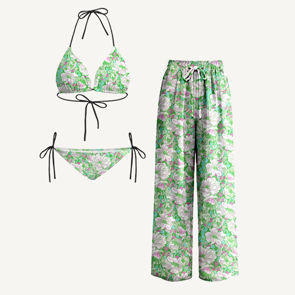 Mint Garden Tie Side Bikini Set with Matching Pants