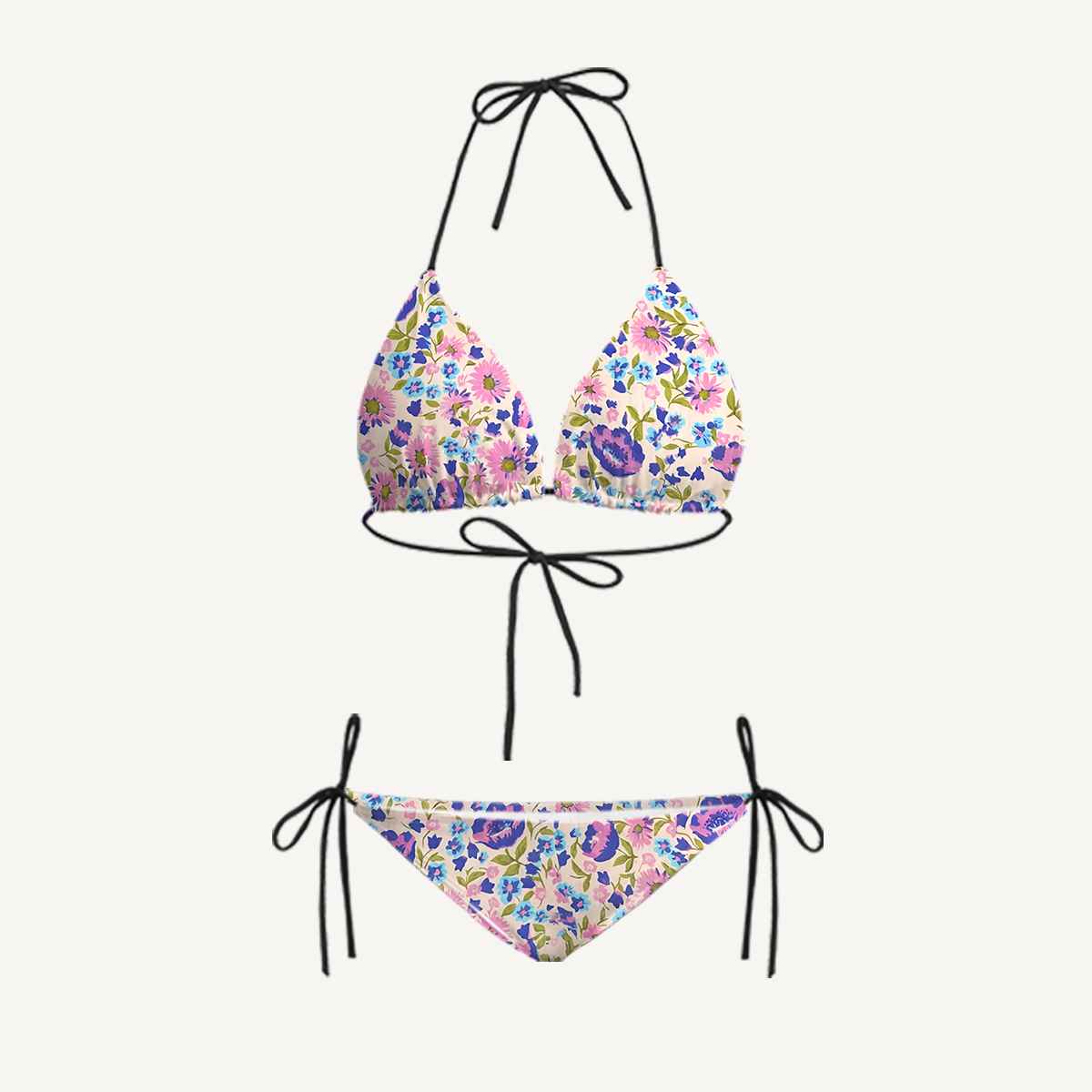 Lavender Bloom Tie Side Bikini Set with Matching Pants