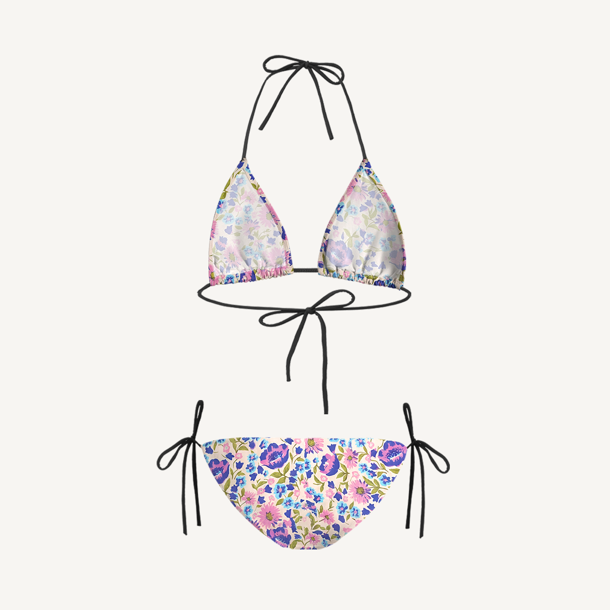 Lavender Bloom Tie Side Bikini Set with Matching Pants