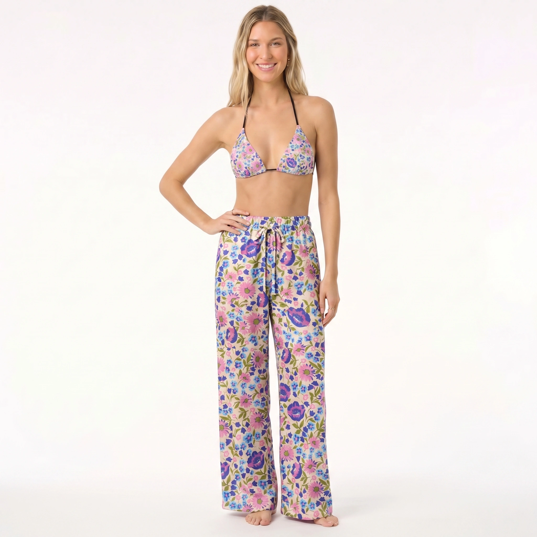Lavender Bloom Tie Side Bikini Set with Matching Pants