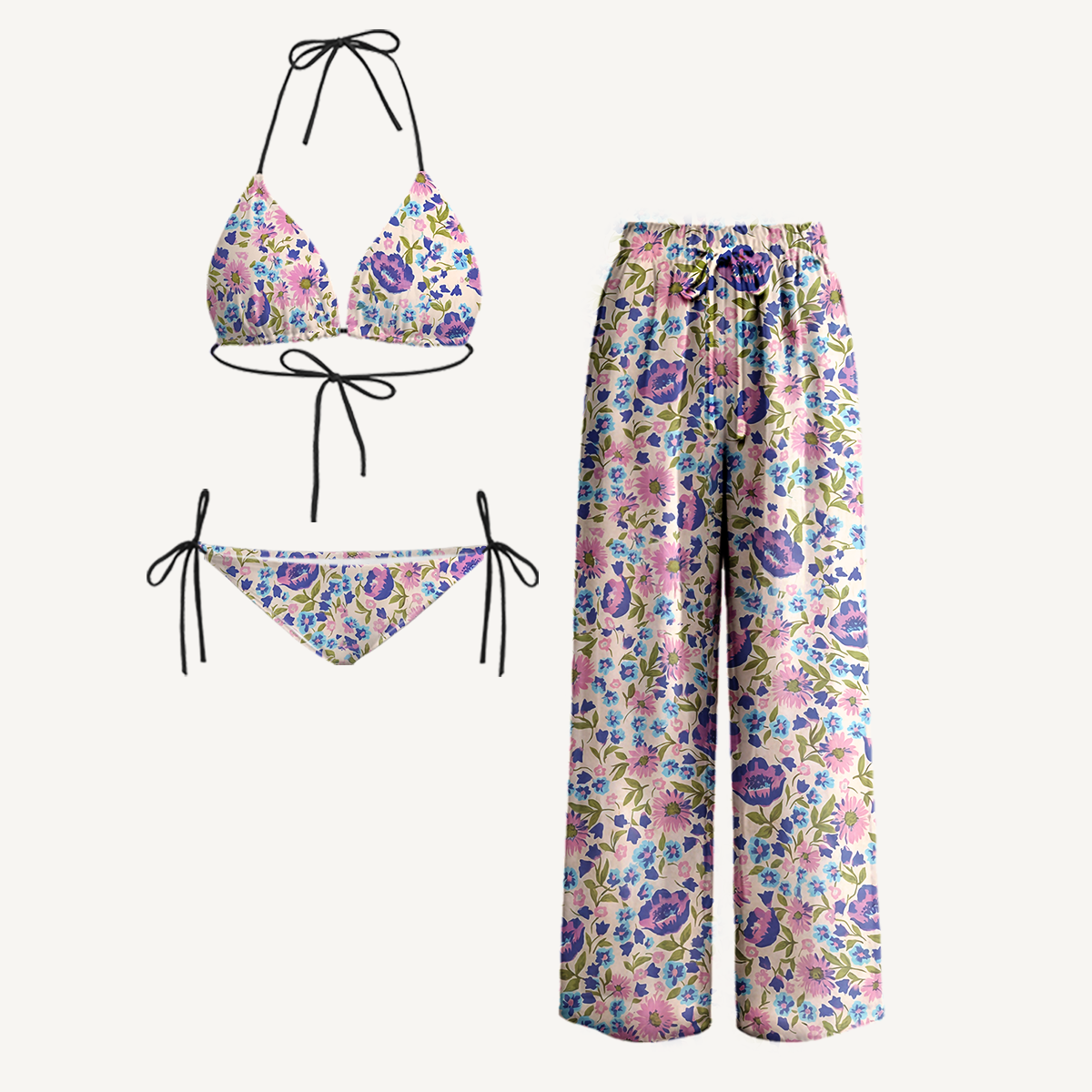 Lavender Bloom Tie Side Bikini Set with Matching Pants
