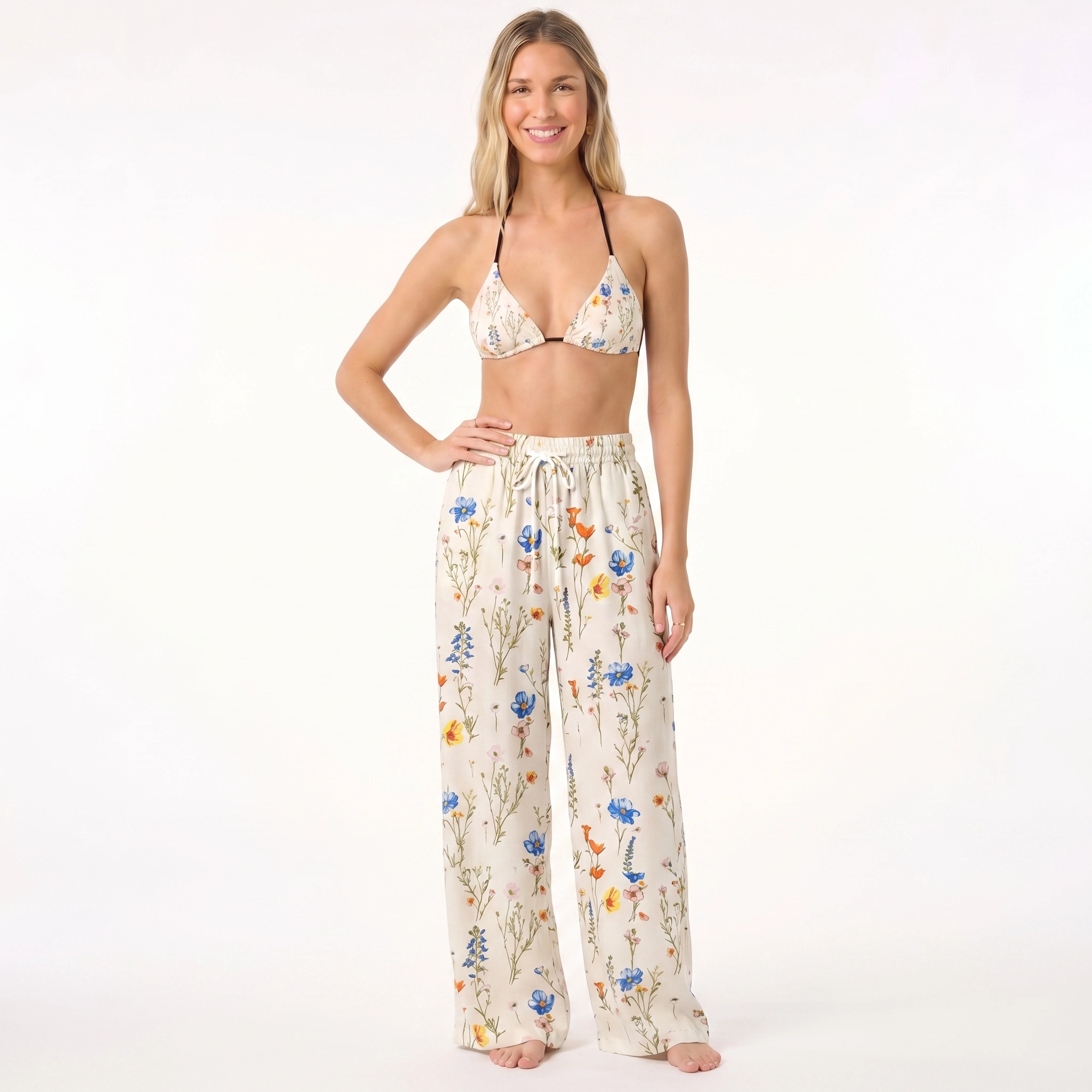 Wild Bloom Tie Side Bikini Set with Matching Pants