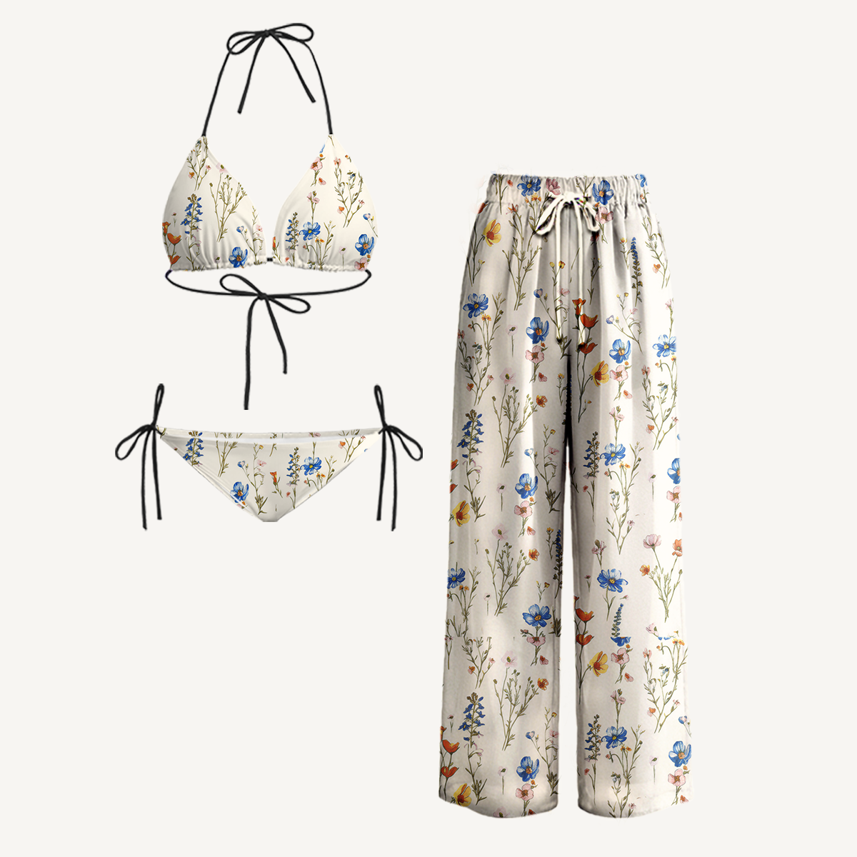 Wild Bloom Tie Side Bikini Set with Matching Pants