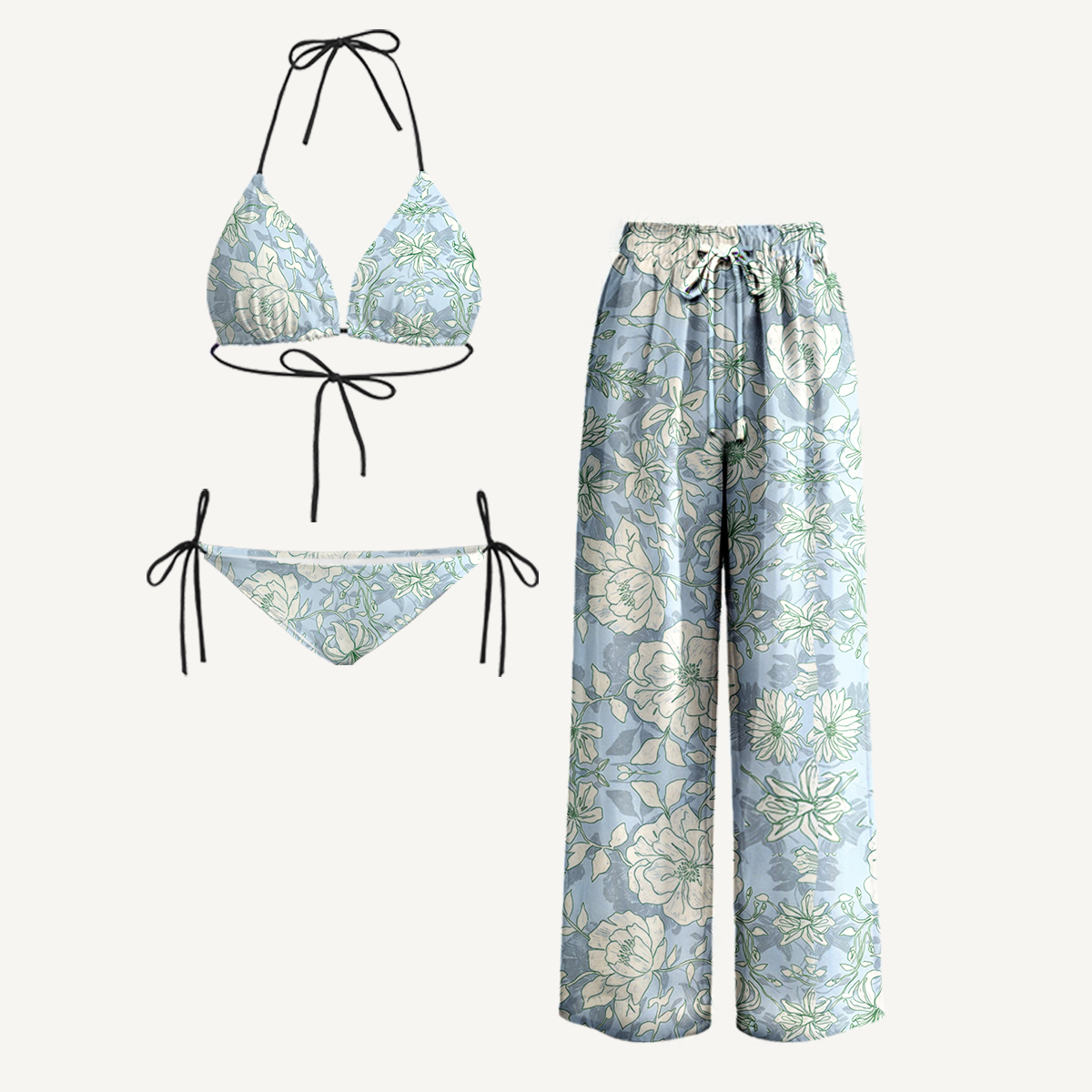Mist Floral Tie Side Bikini Set with Matching Pants