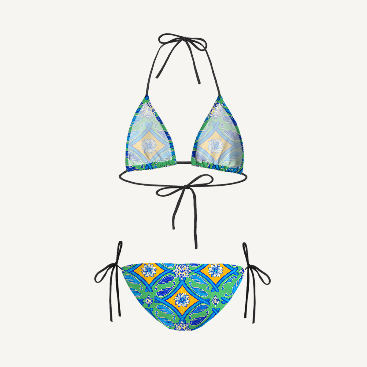 Azure Tile Tie Side Bikini Set with Matching Pants
